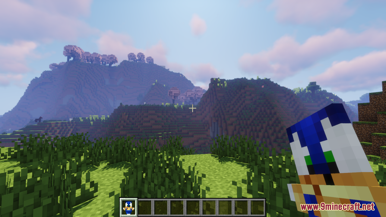 Sonic Totem Of Undying Resource Pack (1.21.11, 1.21.1) – A Funny Creature In Minecraft World 2 Player holding a custom sonic totem in a grassy mountain landscape