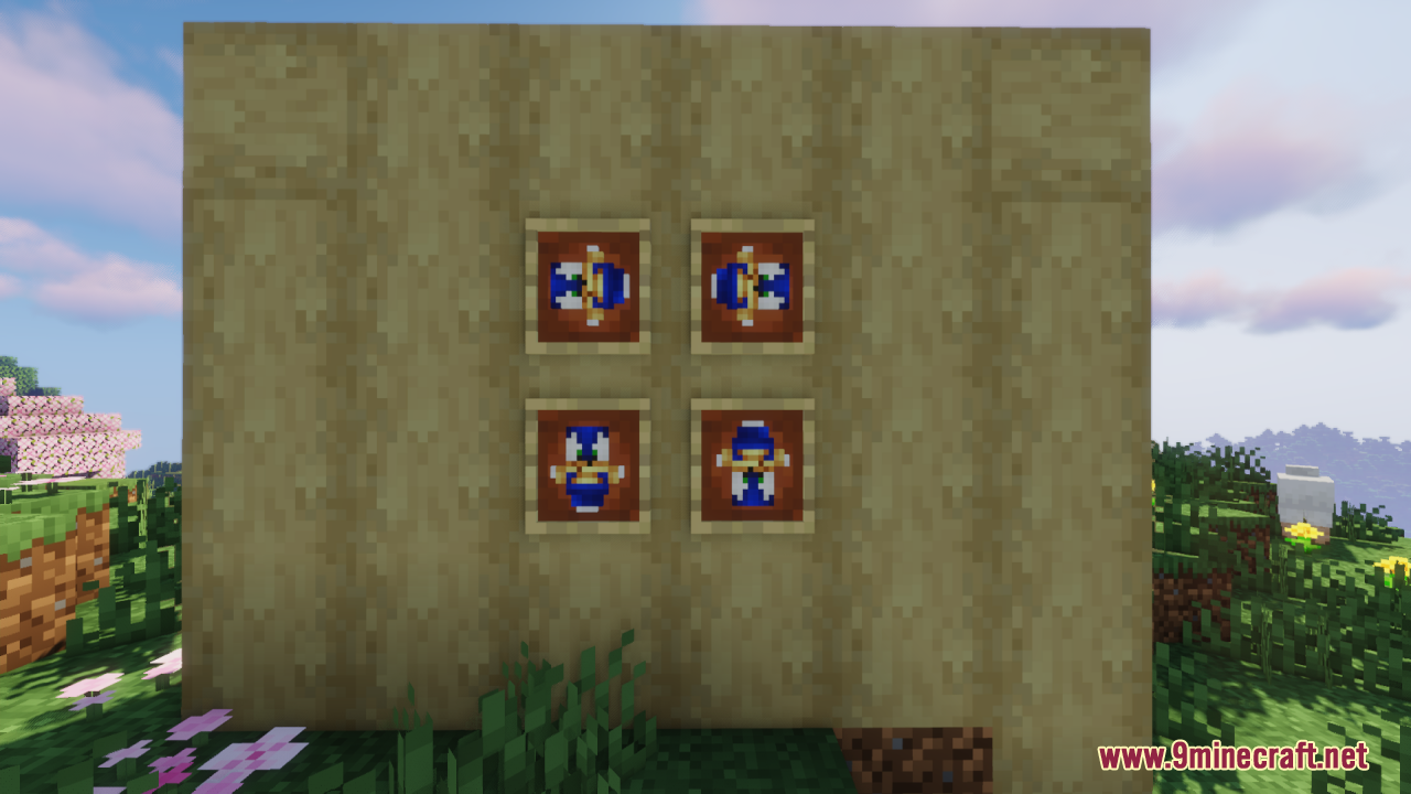Sonic Totem Of Undying Resource Pack (1.21.11, 1.21.1) – A Funny Creature In Minecraft World 9 Four custom sonic totem items displayed in item frames on a wooden wall