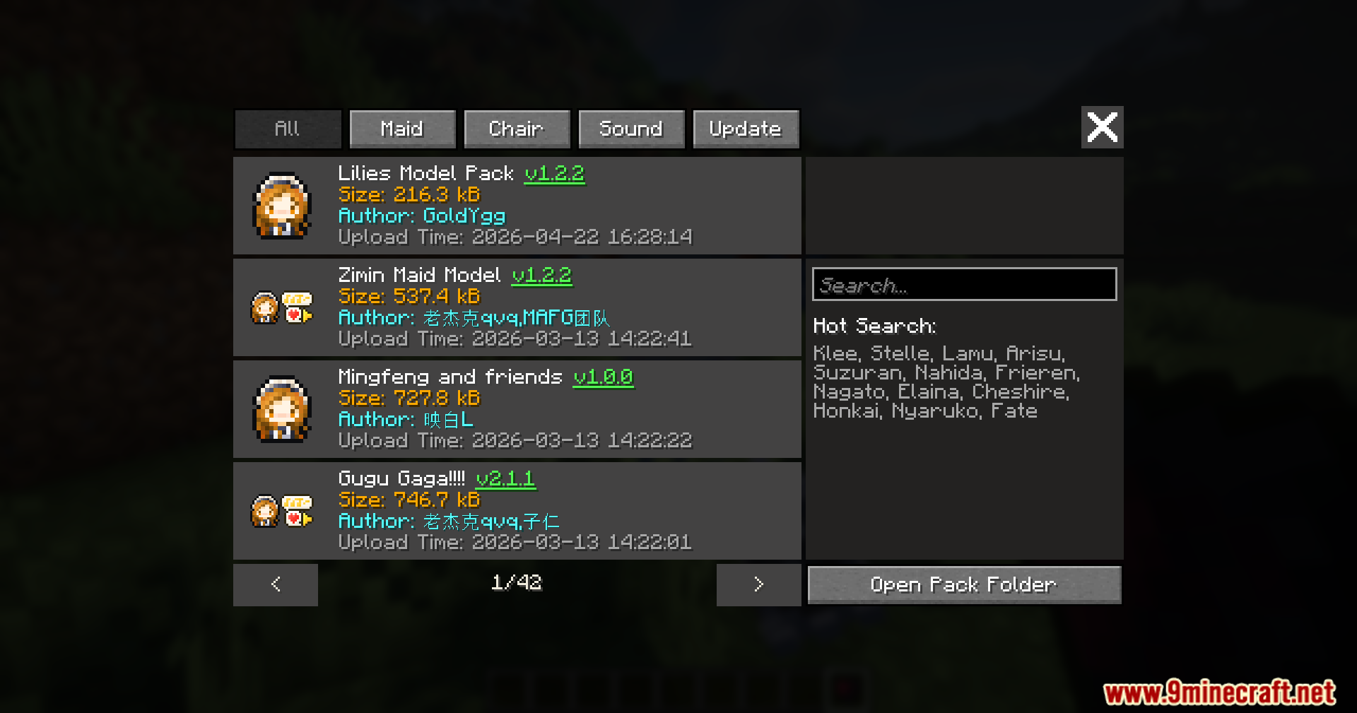 In-game menu displaying a list of downloadable model packs