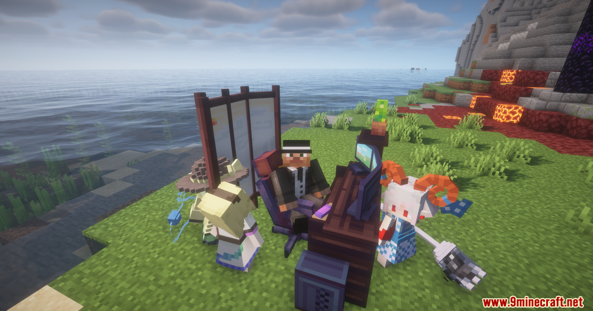 Player sitting at a computer desk outside with anime maids standing nearby