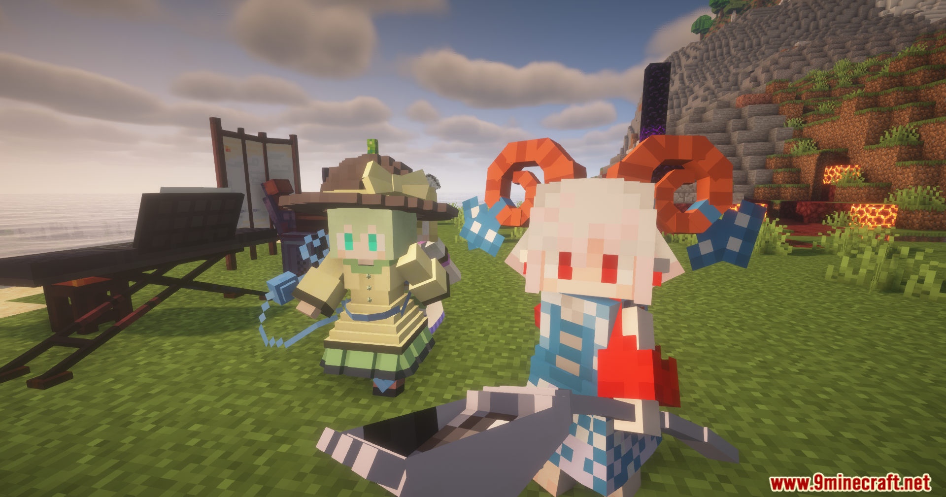 Two anime style maid characters standing in a grassy biome