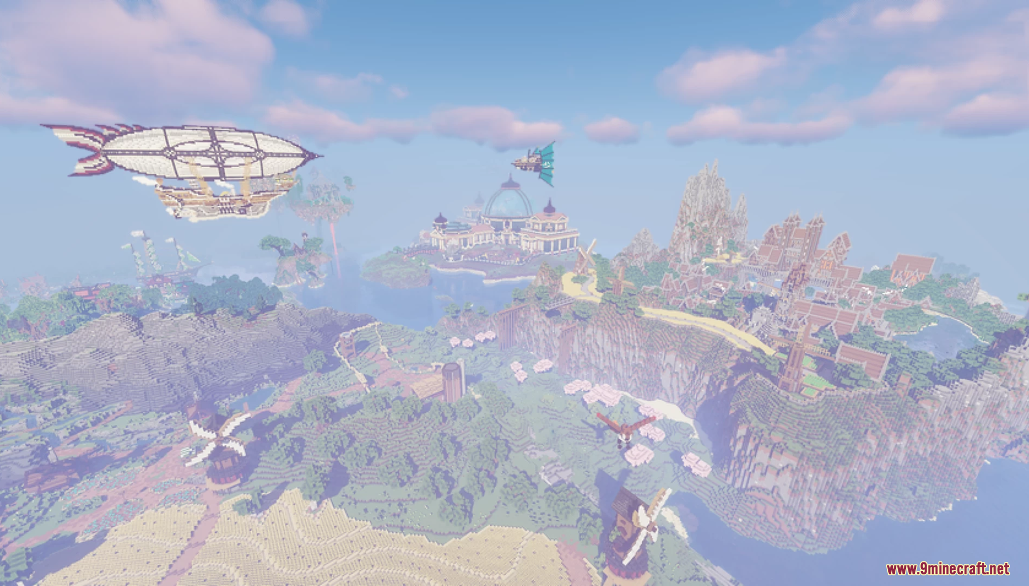 Stoneville Farmcraft City Map (26.1.2, 1.20.1) – A Fantasy World 2 A large steampunk airship flying over a fantasy city