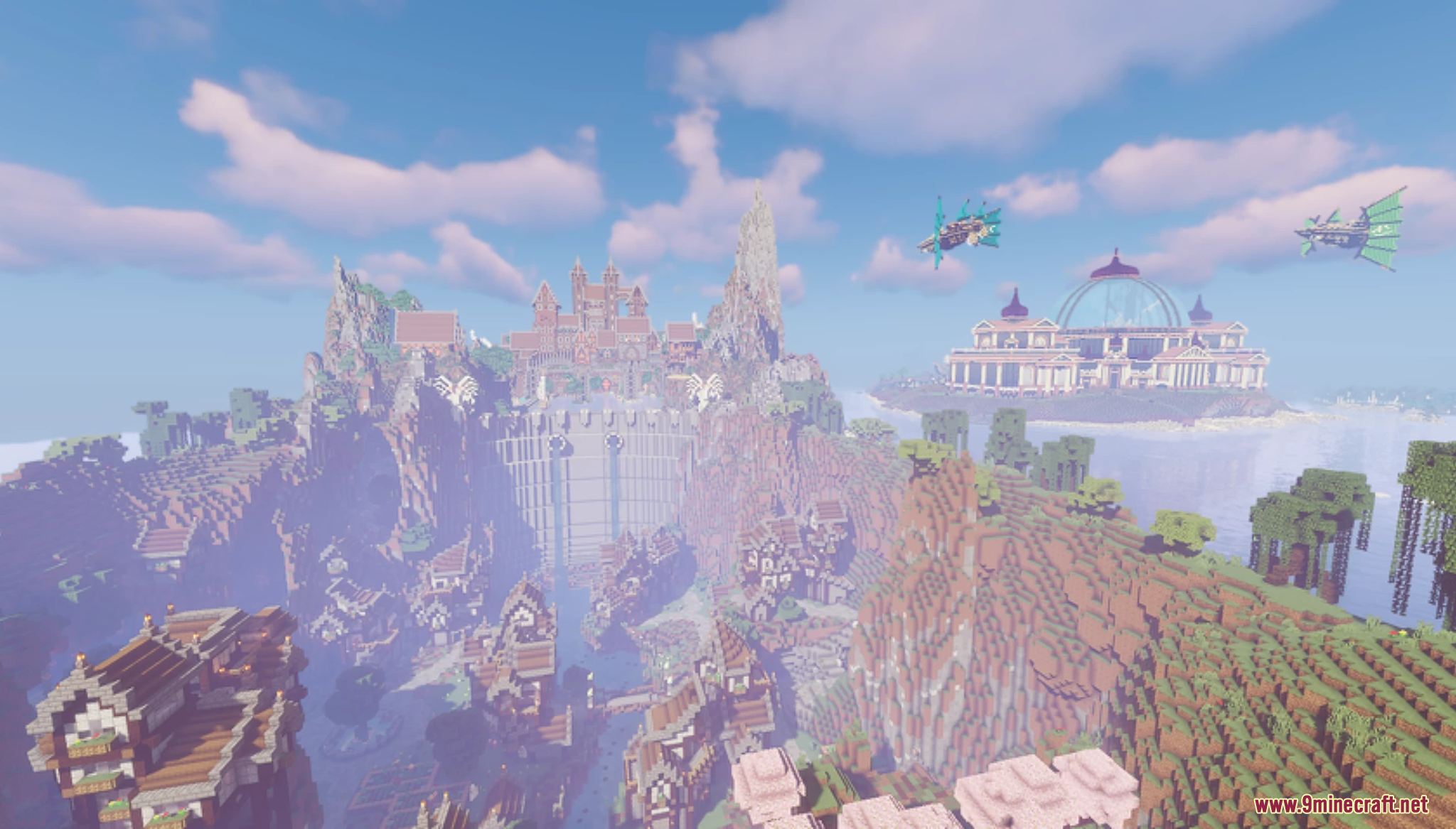Stoneville Farmcraft City Map (26.1.2, 1.20.1) – A Fantasy World 3 A massive castle built on a cliffside overlooking the city