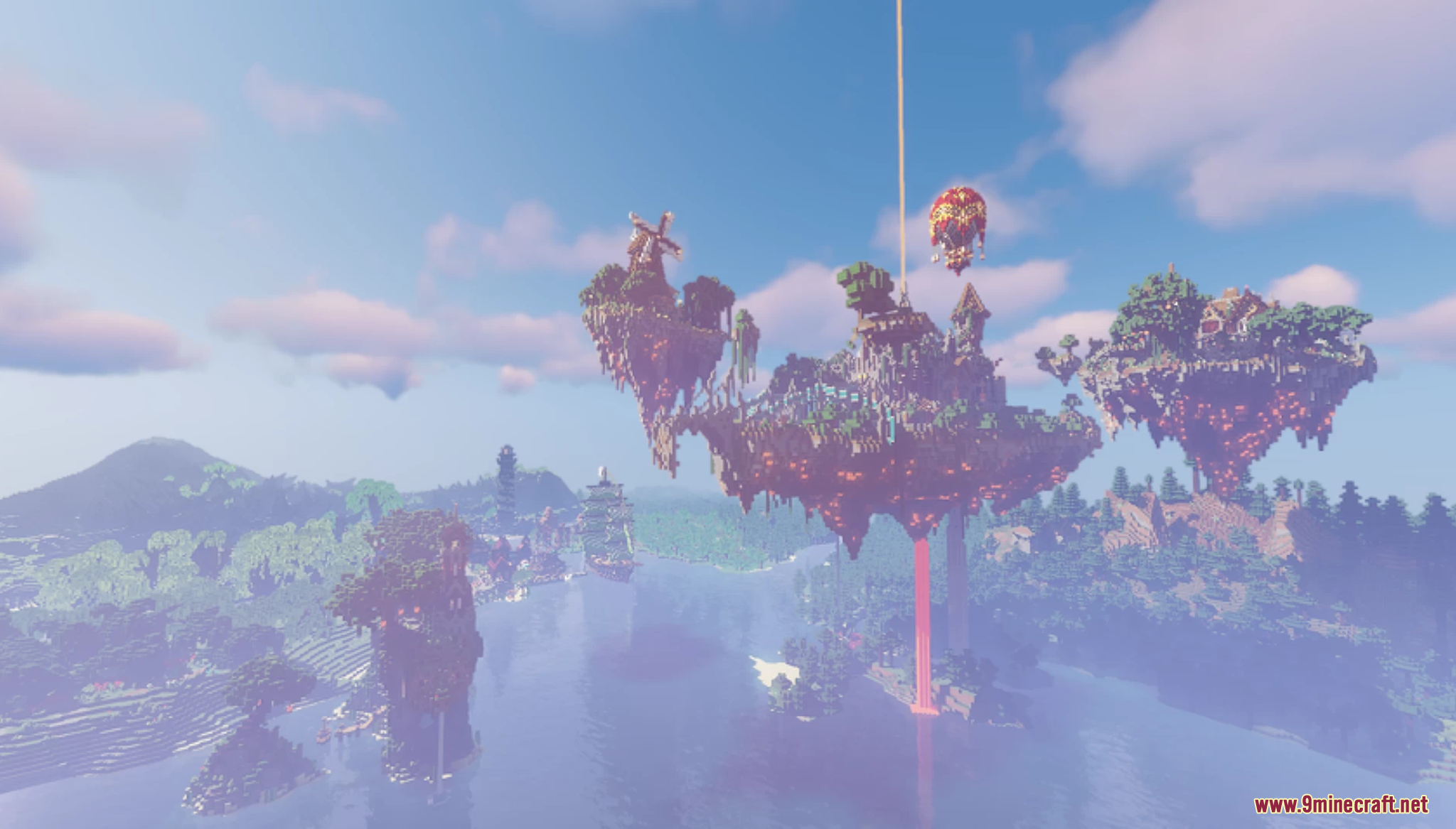 Stoneville Farmcraft City Map (26.1.2, 1.20.1) – A Fantasy World 5 Massive floating islands with fantasy buildings over a misty landscape