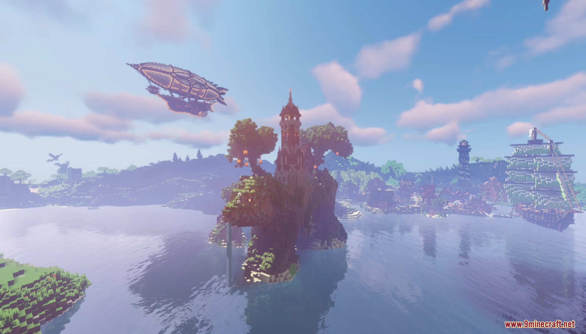 Stoneville Farmcraft City Map (26.1.2, 1.20.1) – A Fantasy World 6 A steampunk airship flying over a small island castle
