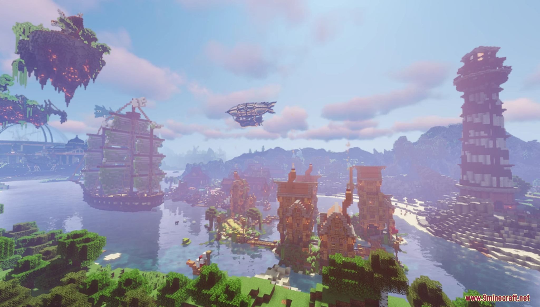 Stoneville Farmcraft City Map (26.1.2, 1.20.1) – A Fantasy World 7 A bustling port city with ships and a flying airship