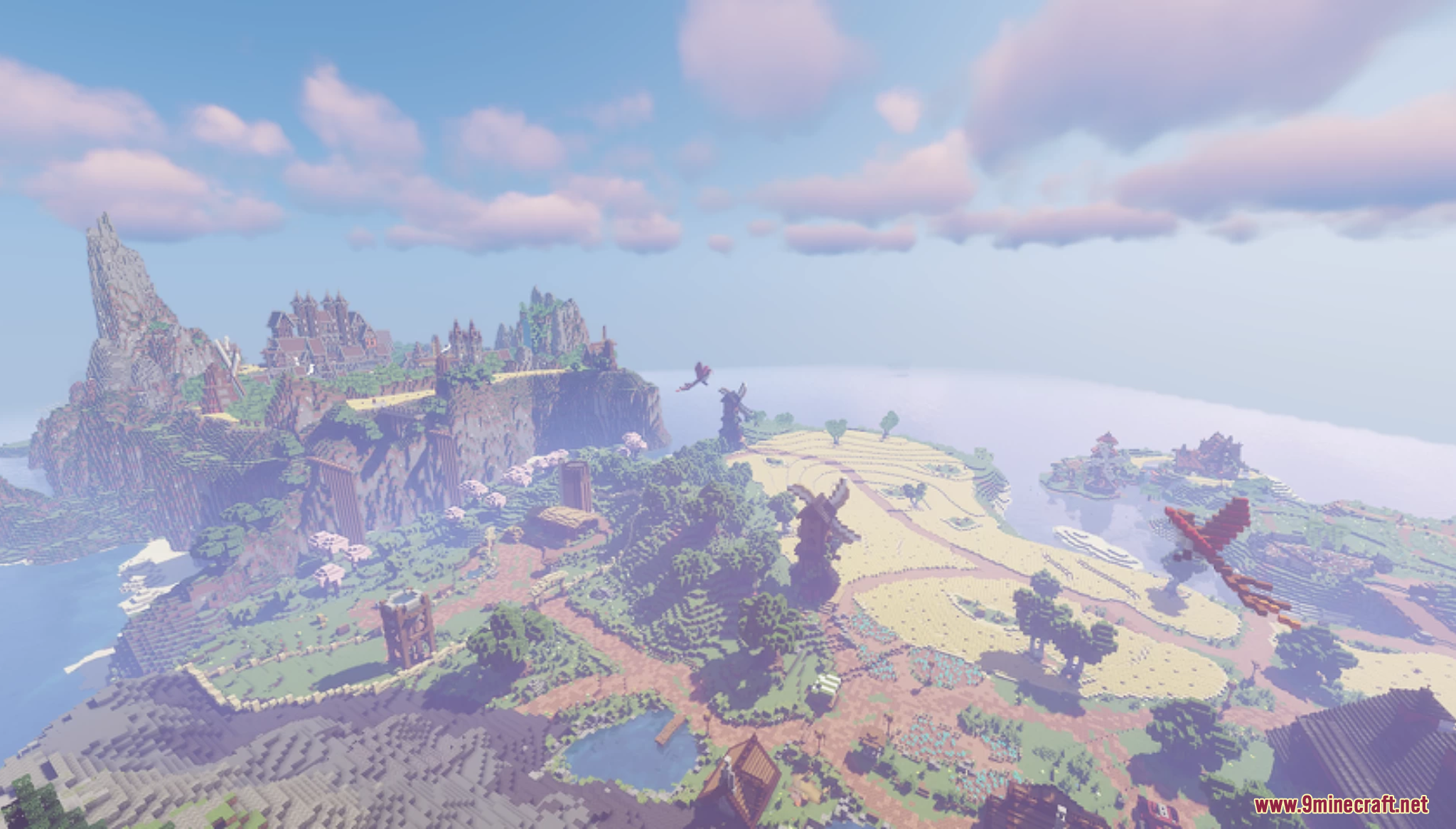 Stoneville Farmcraft City Map (26.1.2, 1.20.1) – A Fantasy World 9 A fantasy countryside with windmills and flying red dragons