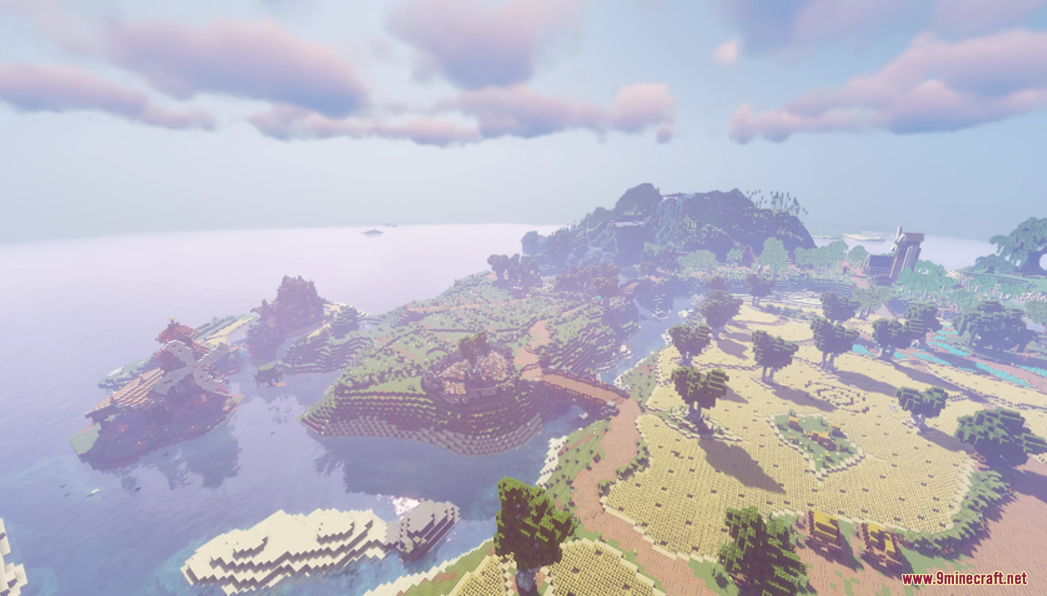 Stoneville Farmcraft City Map (26.1.2, 1.20.1) – A Fantasy World 10 An aerial view of a scenic coastal island landscape