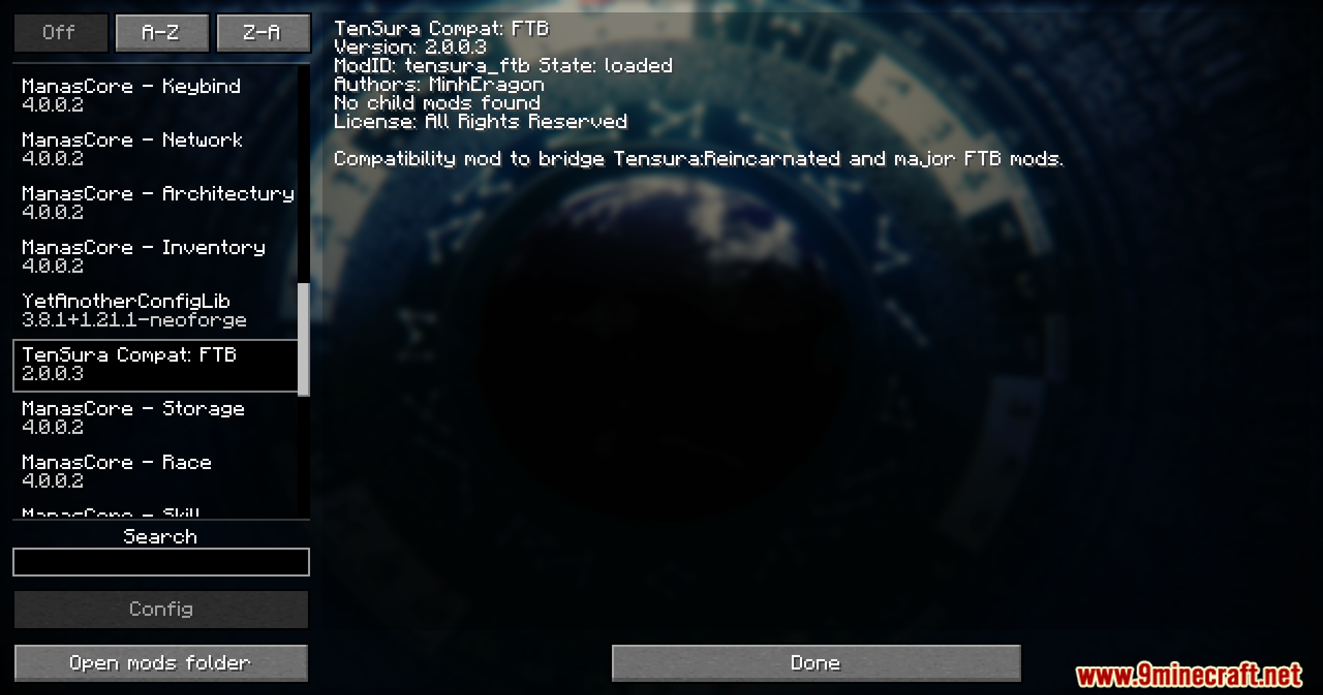 Mod list menu showing tensura compat ftb installed