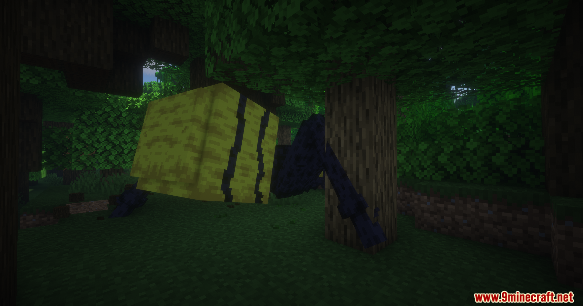 Giant yellow and black insect mob hovering in a dark minecraft forest