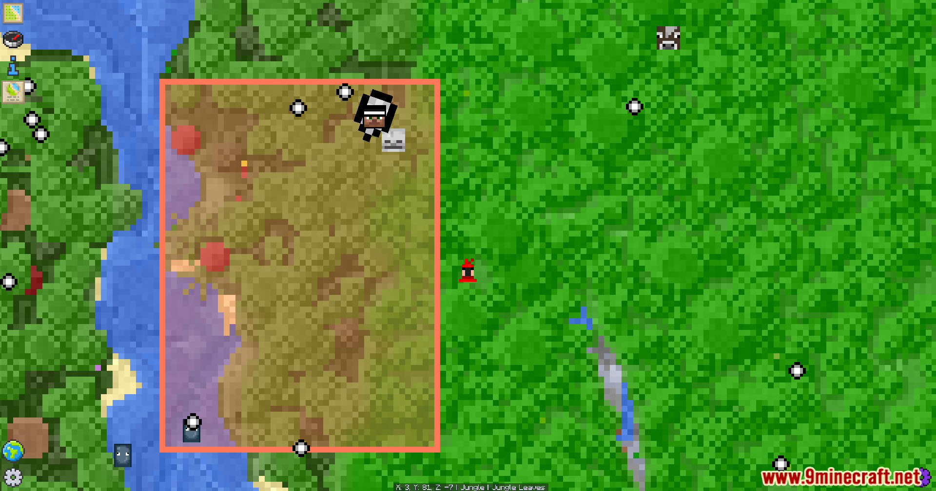 A top down map view showing a claimed area in a forest biome