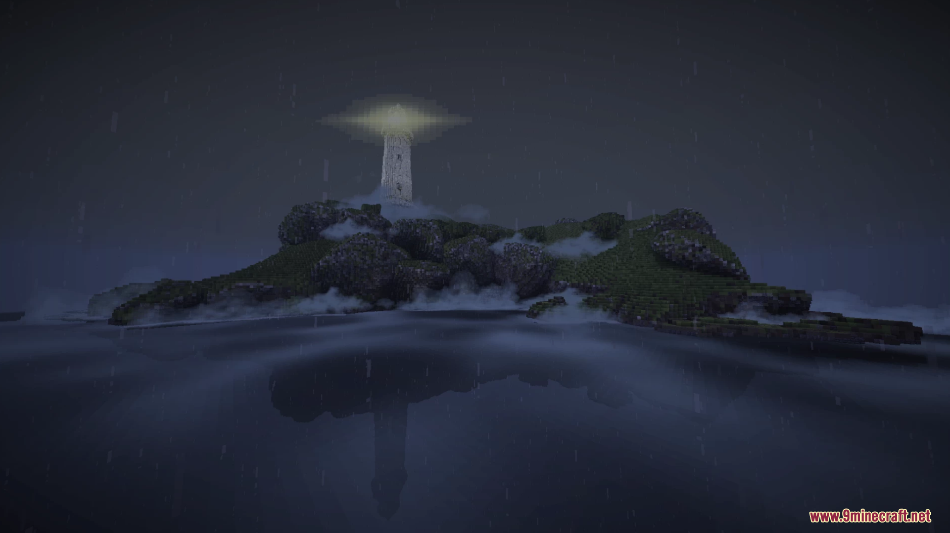 The dark ship map's lighthouse on a foggy, rainy island