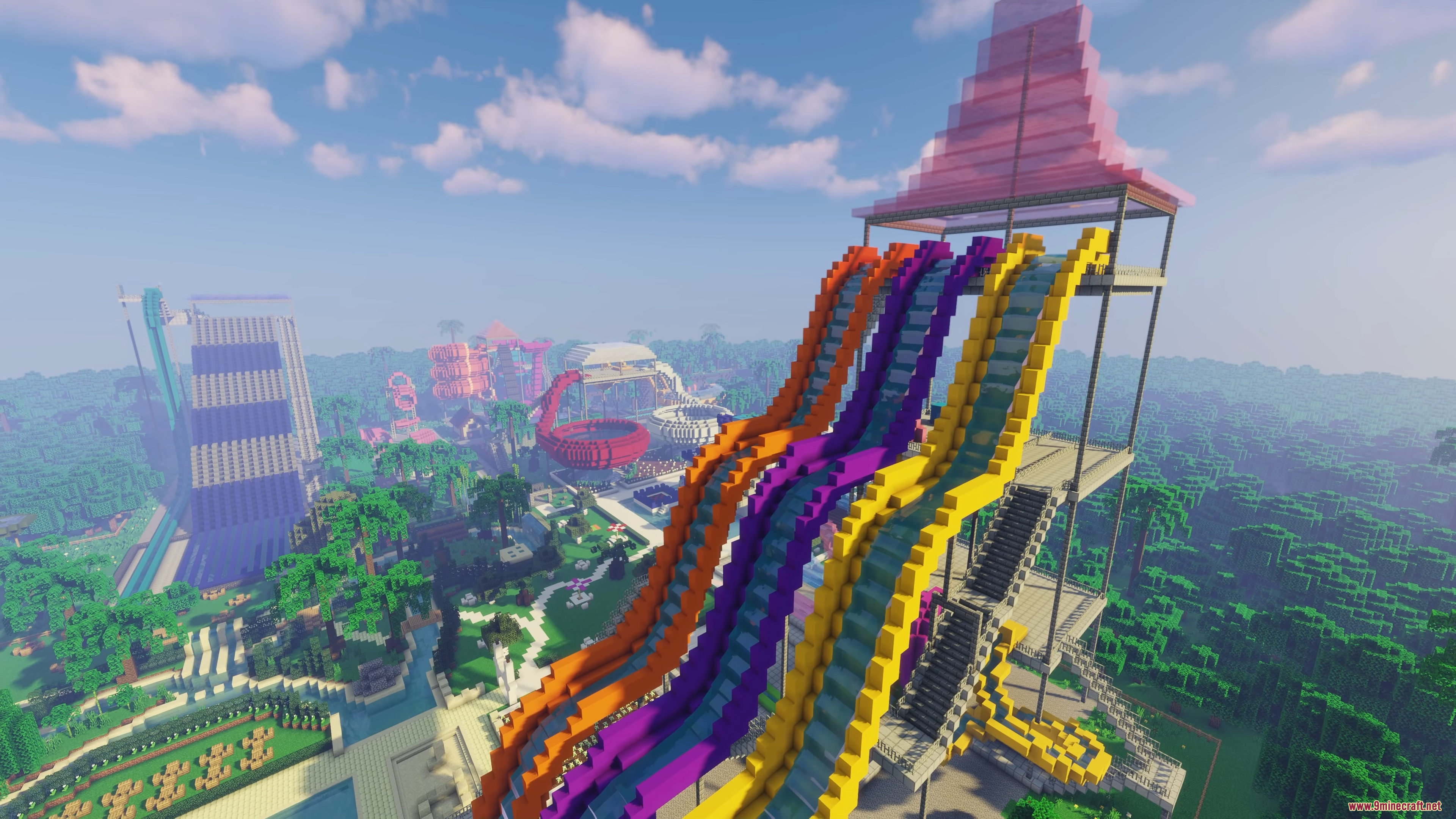 Water Park Hunt Map (26.1.2, 1.20.1) – A Frantic Race 2 A massive colorful water slide tower in a minecraft water park