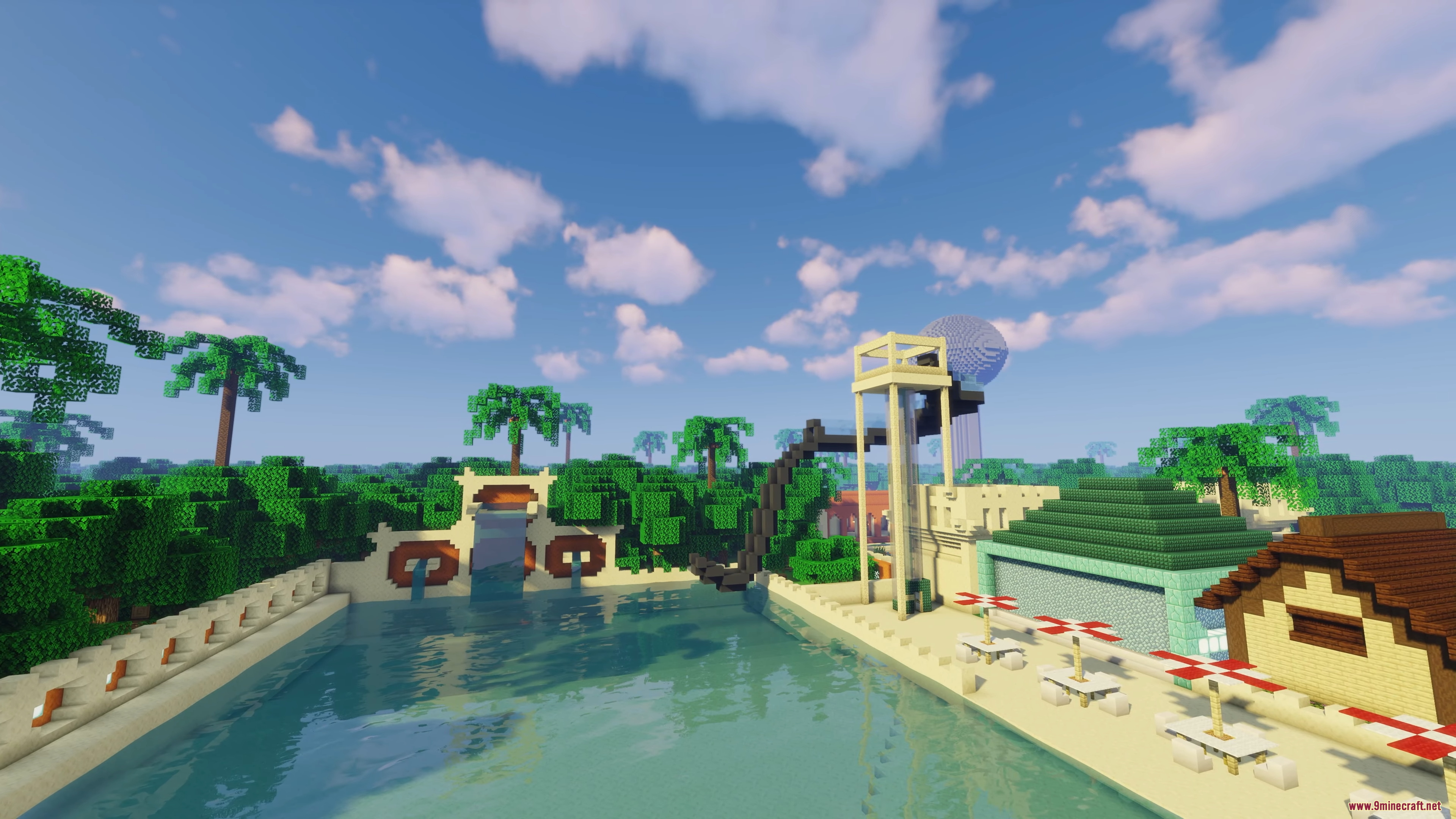Water Park Hunt Map (26.1.2, 1.20.1) – A Frantic Race 4 A relaxing pool area with palm trees and park buildings