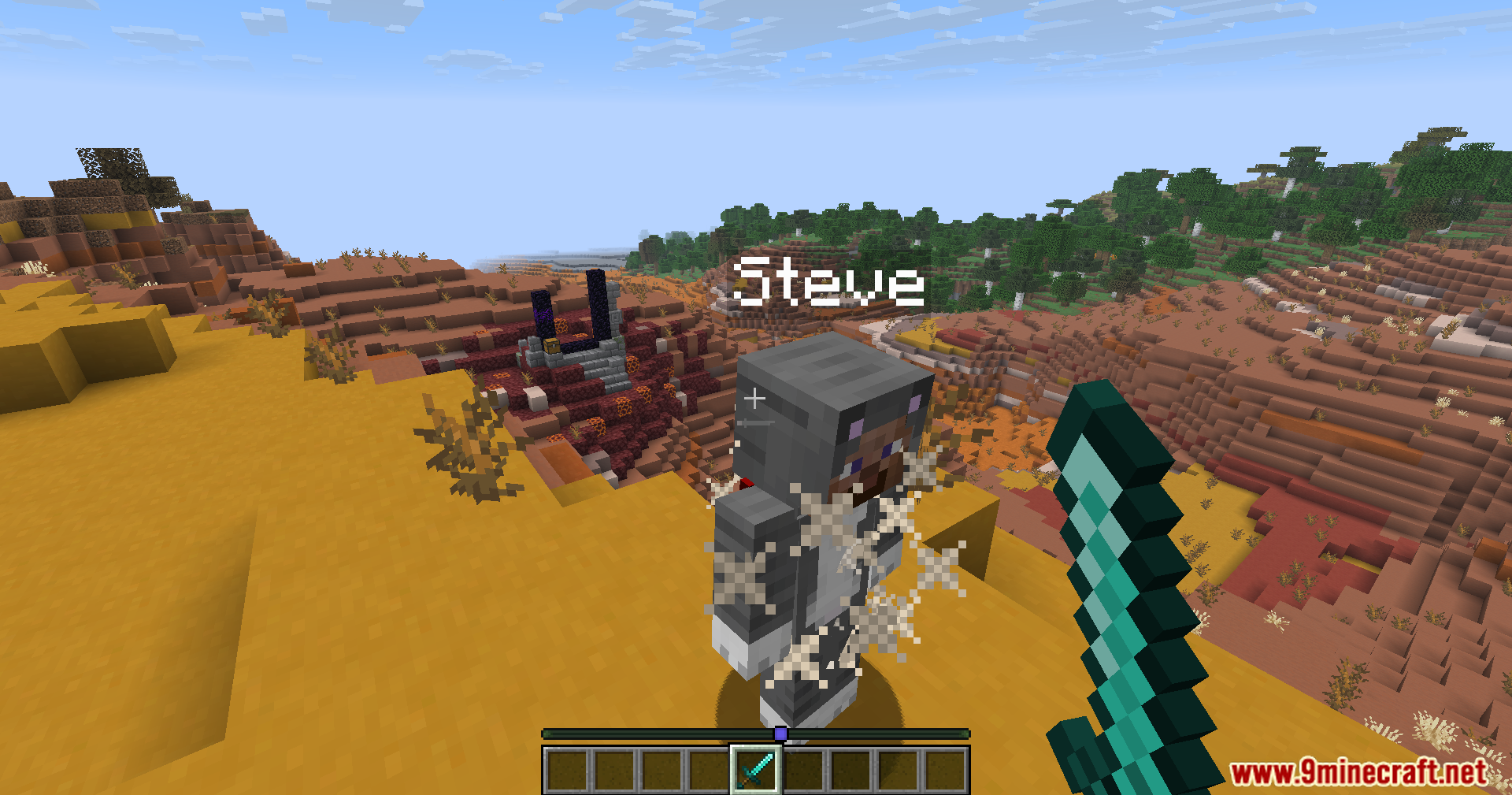 A player attacks steve with a diamond sword causing critical hit particle effects