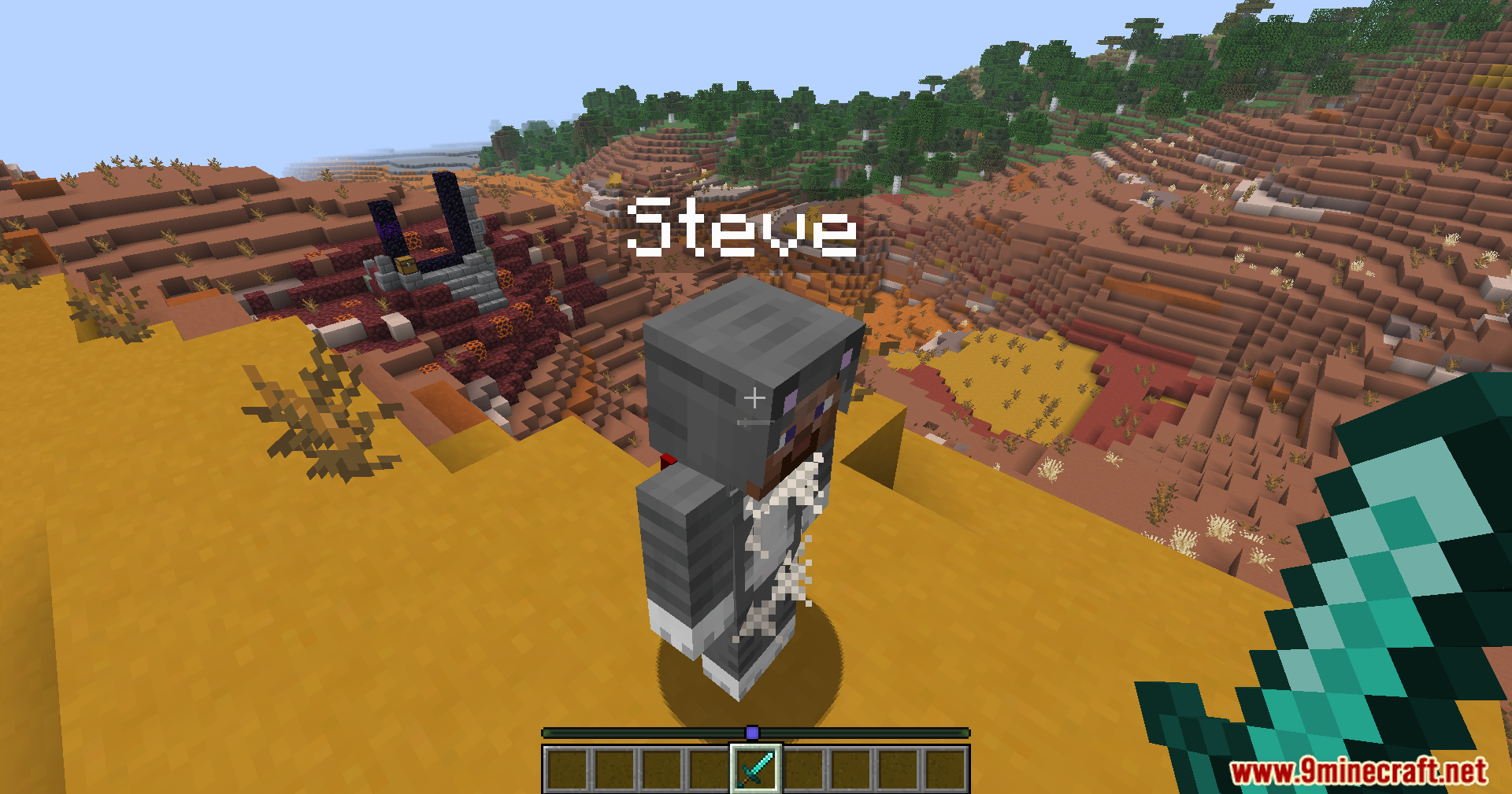 Simulated player steve holds a diamond sword near a ruined portal