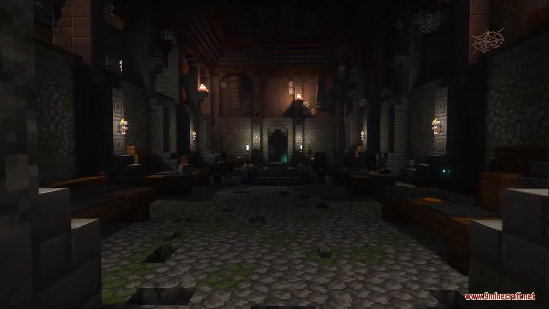 Dark Fantasy Nordic Tombs Mod (1.21.1, 1.20.1) – Raid Unbreakable Tombs 12 A vast dark underground hall with stone pillars and ancient dusty cobwebs