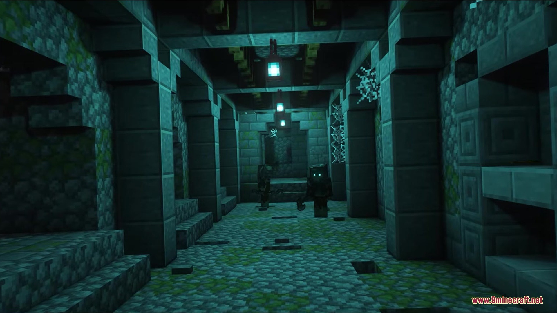 Dark Fantasy Nordic Tombs Mod (1.21.1, 1.20.1) – Raid Unbreakable Tombs 13 Undead warrior with glowing eyes guards a narrow stone corridor with teal lanterns