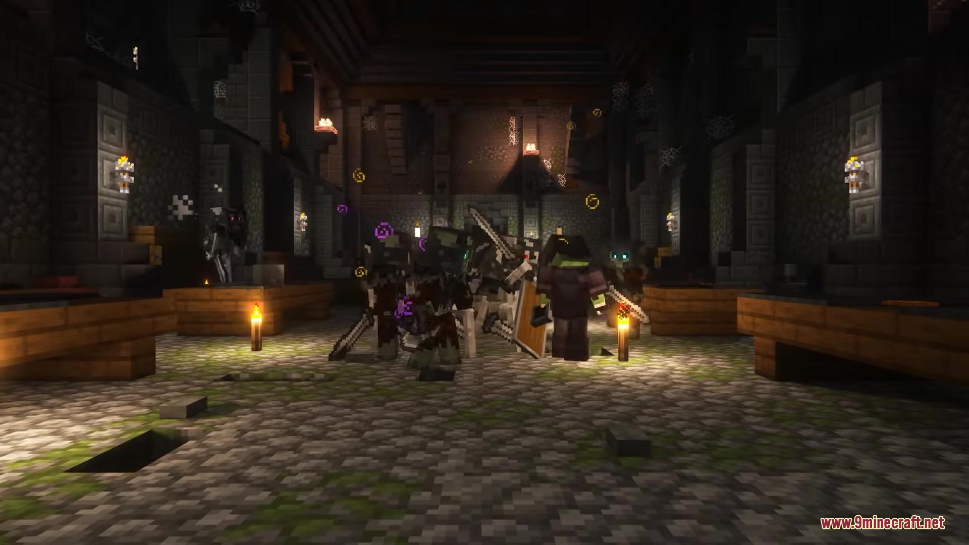 Dark Fantasy Nordic Tombs Mod (1.21.1, 1.20.1) – Raid Unbreakable Tombs 19 Undead warriors with swords and shields gather in a large dark dungeon hall