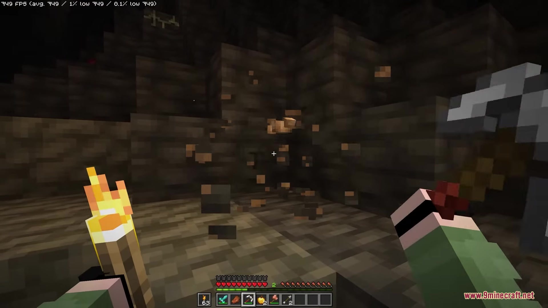 Hyper Punchy Resource Pack (26.1.2, 1.20.1) – Cinematic Actions For Blocky 3 Minecraft player mining iron ore with a pickaxe in a dark cave