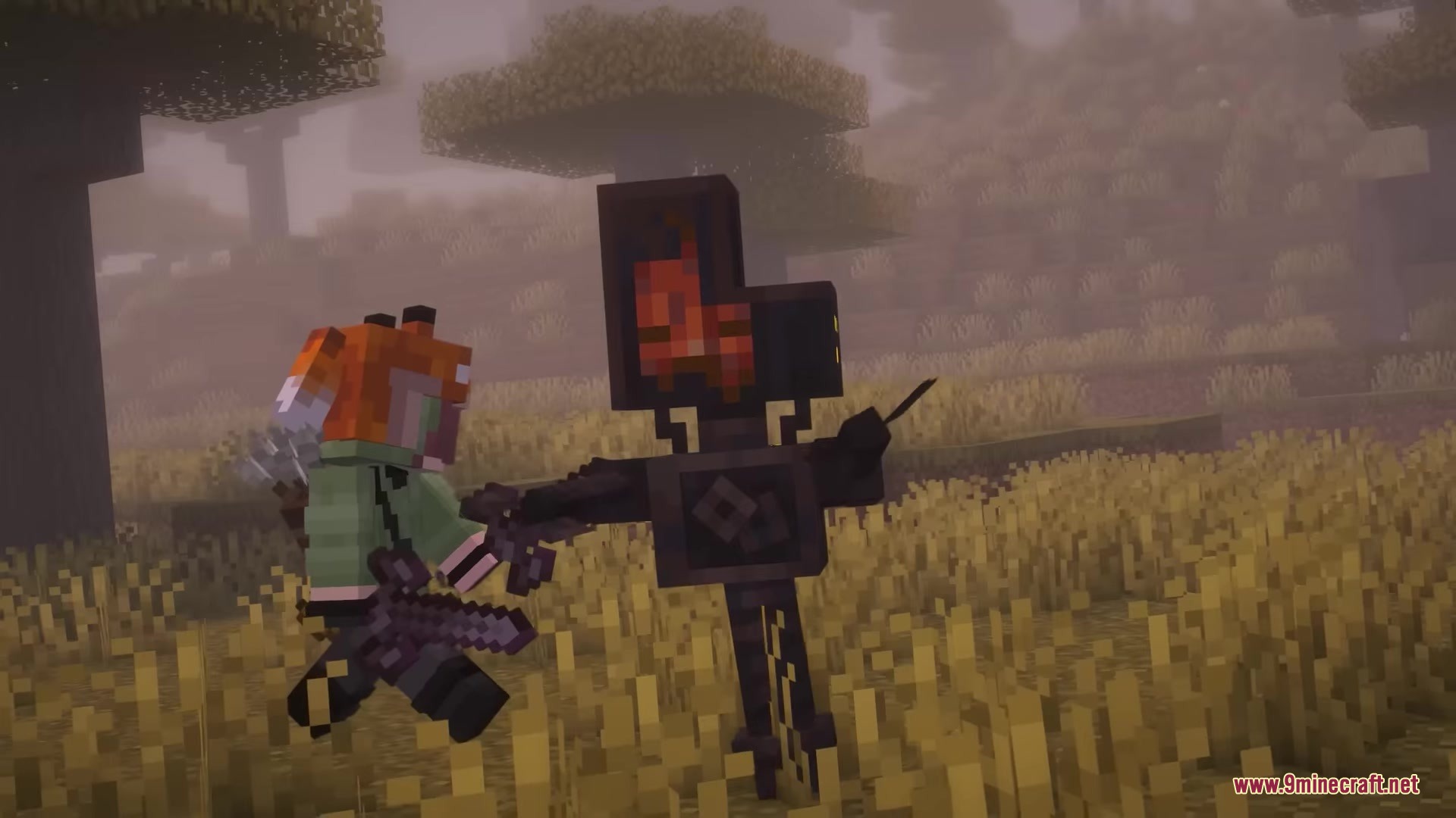 Kismet Mod (1.20.1) – Become A Powerful Cyborg By Hunting Robotic Invaders 15 A player fights a robotic kilobyte enemy in a grassy savanna field