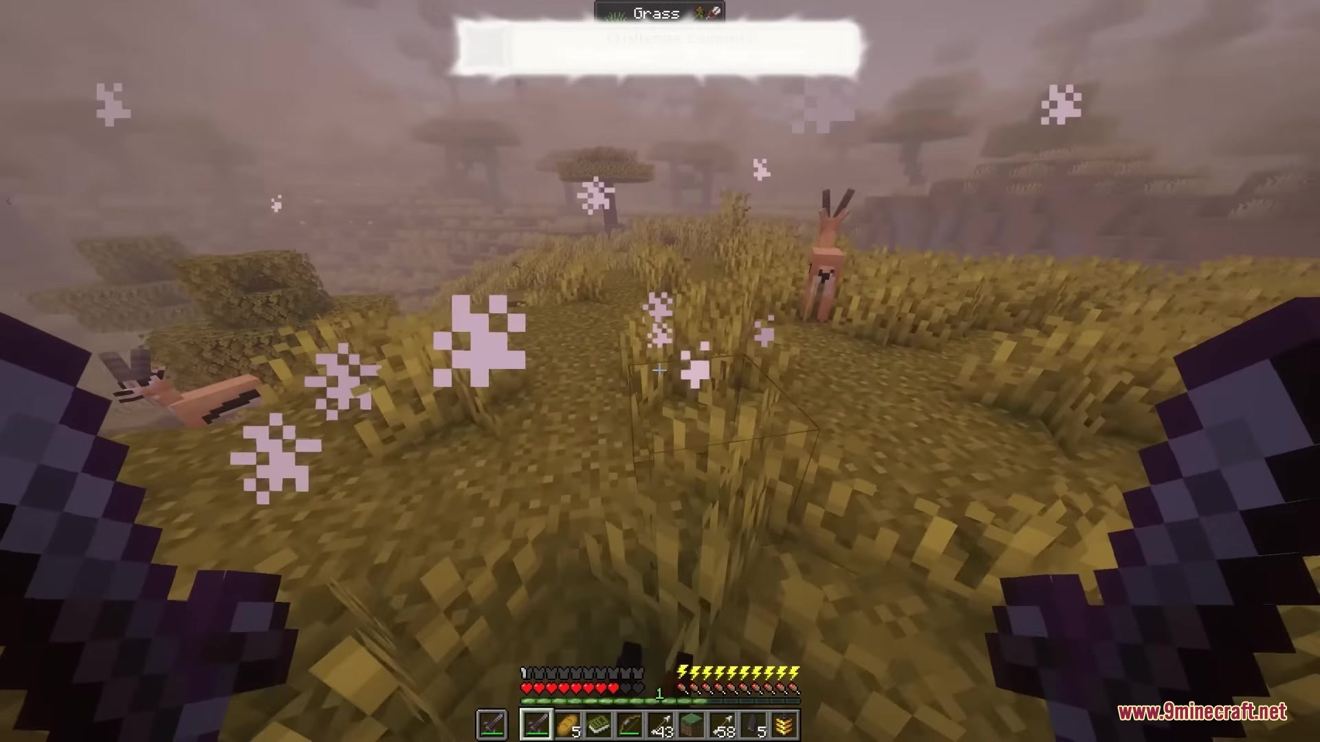Kismet Mod (1.20.1) – Become A Powerful Cyborg By Hunting Robotic Invaders 18 First person view holding dual weapons with a battery meter and pink particles