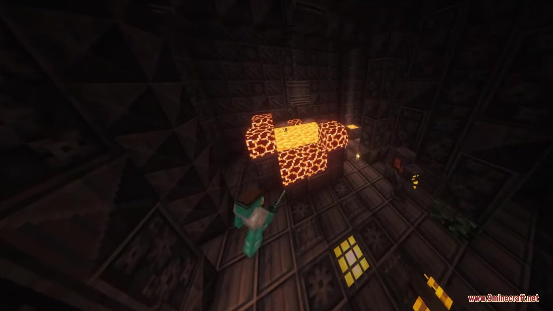 Kismet Mod (1.20.1) – Become A Powerful Cyborg By Hunting Robotic Invaders 5 A player stands near a lava pool inside a mysterious futuristic structure