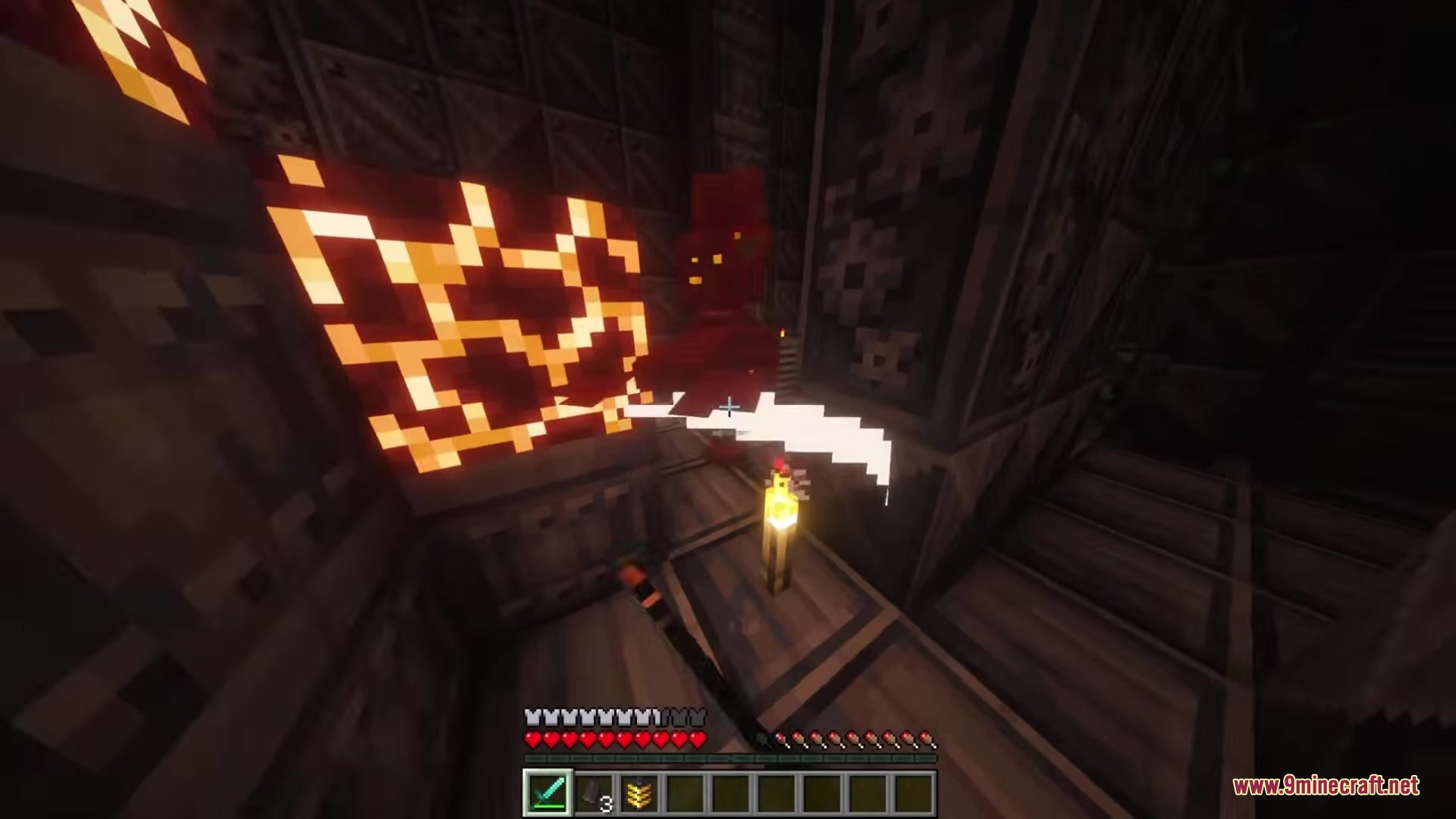Kismet Mod (1.20.1) – Become A Powerful Cyborg By Hunting Robotic Invaders 7 Player uses a sword to fight a red robotic enemy in tech ruins