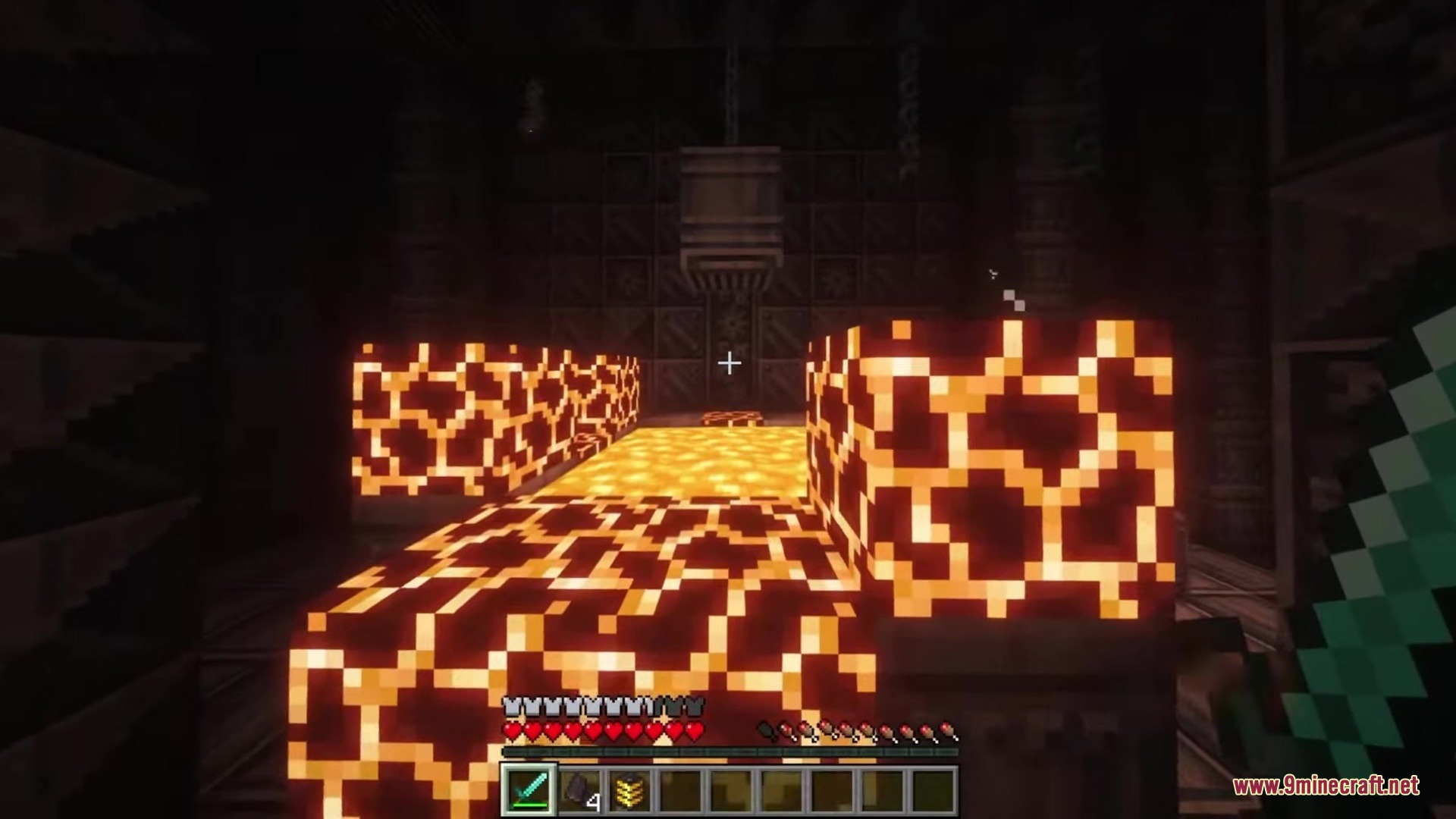 Kismet Mod (1.20.1) – Become A Powerful Cyborg By Hunting Robotic Invaders 8 A player explores dark futuristic ruins with glowing orange mechanical blocks
