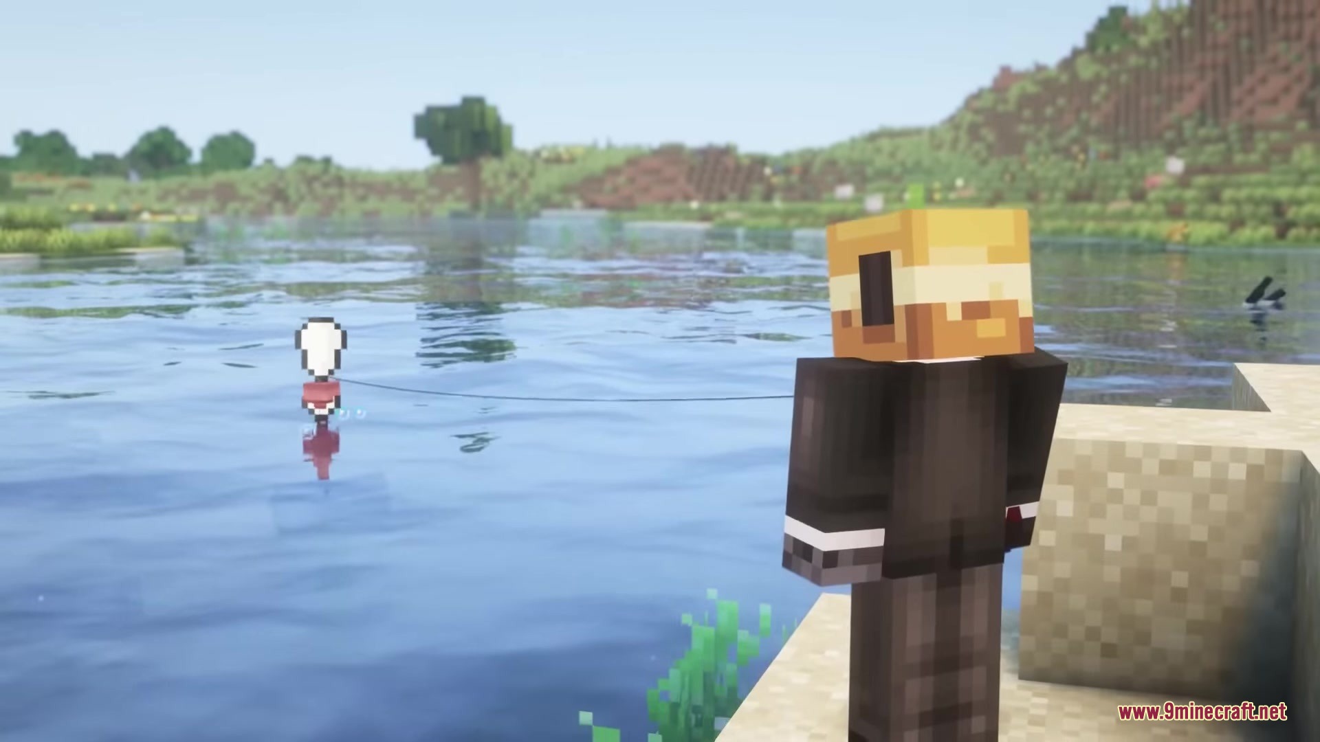 A character in a suit fishing with a bobber in the water