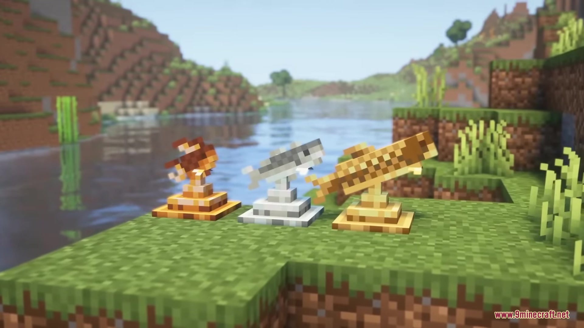 Three fish trophies on display stands from the starcatcher mod in minecraft