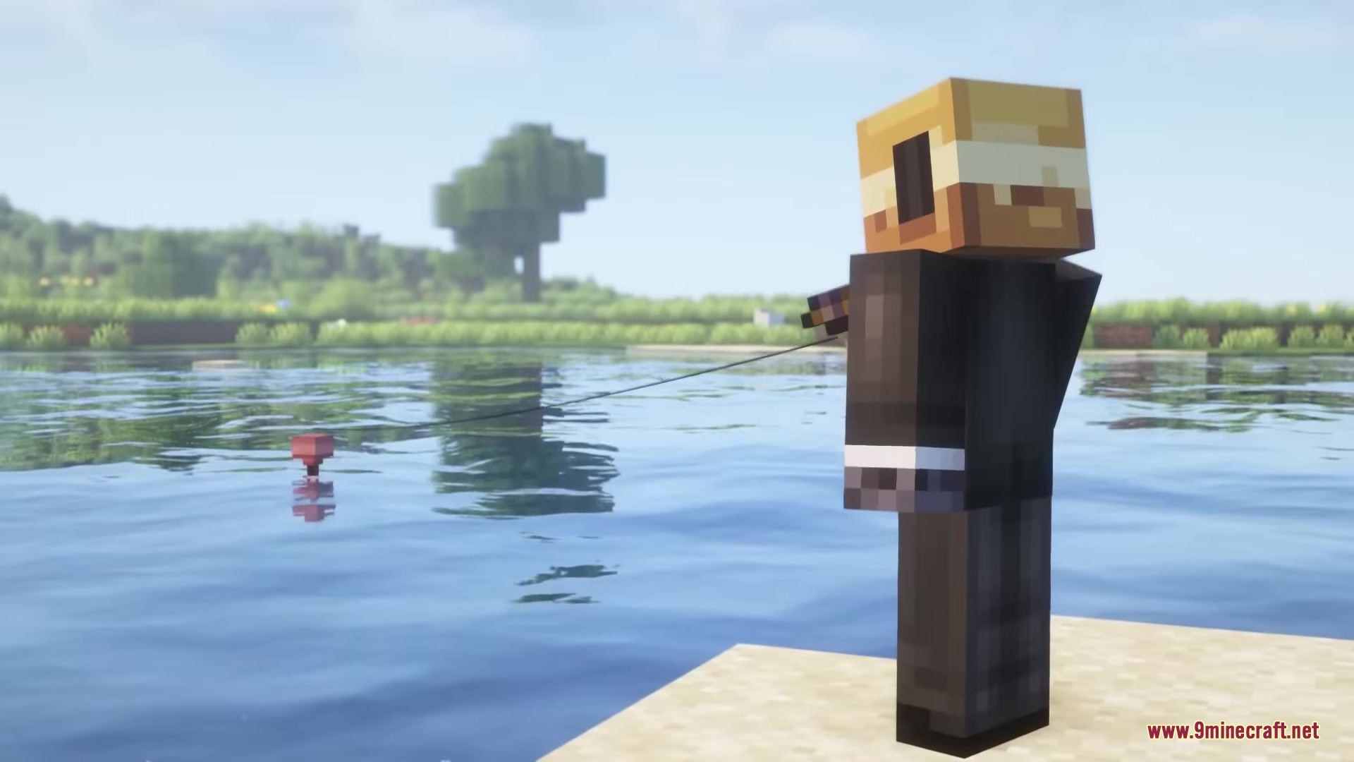 A minecraft character in a suit is fishing in a scenic lake