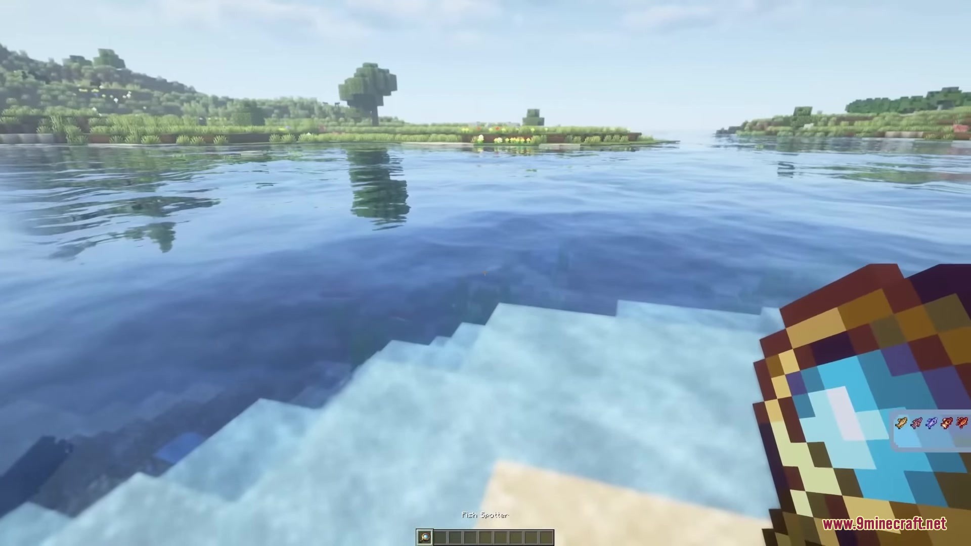 Player holding a fish spotter item while standing near a calm lake