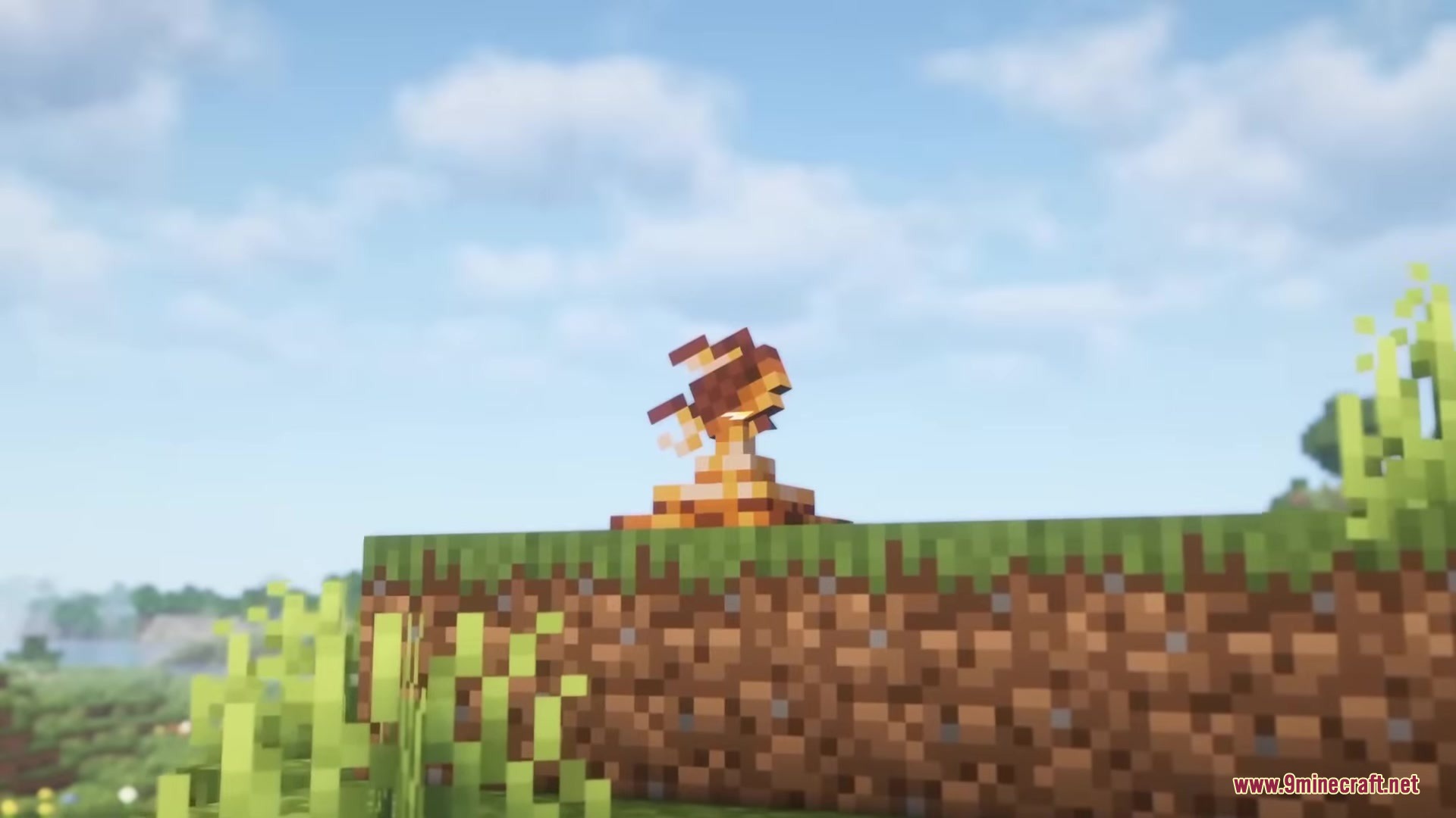 A small orange fish model sitting on a grass block in minecraft