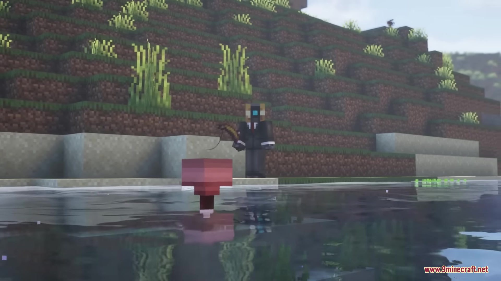 A player character stands by the water using a custom pink bobber