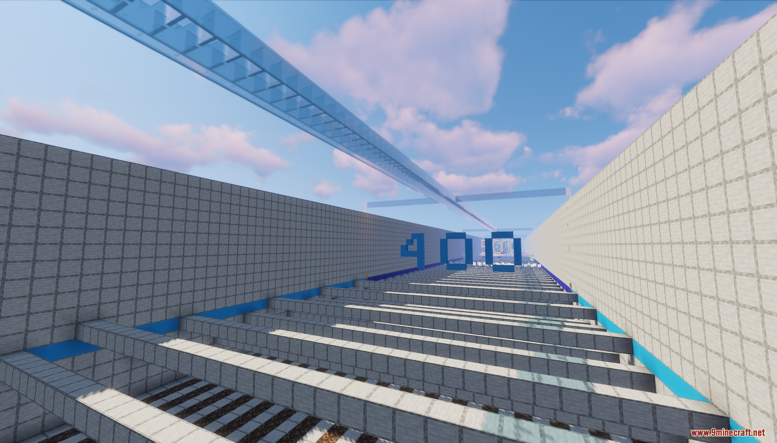 A long parkour course in minecraft featuring a large blue 400 sign
