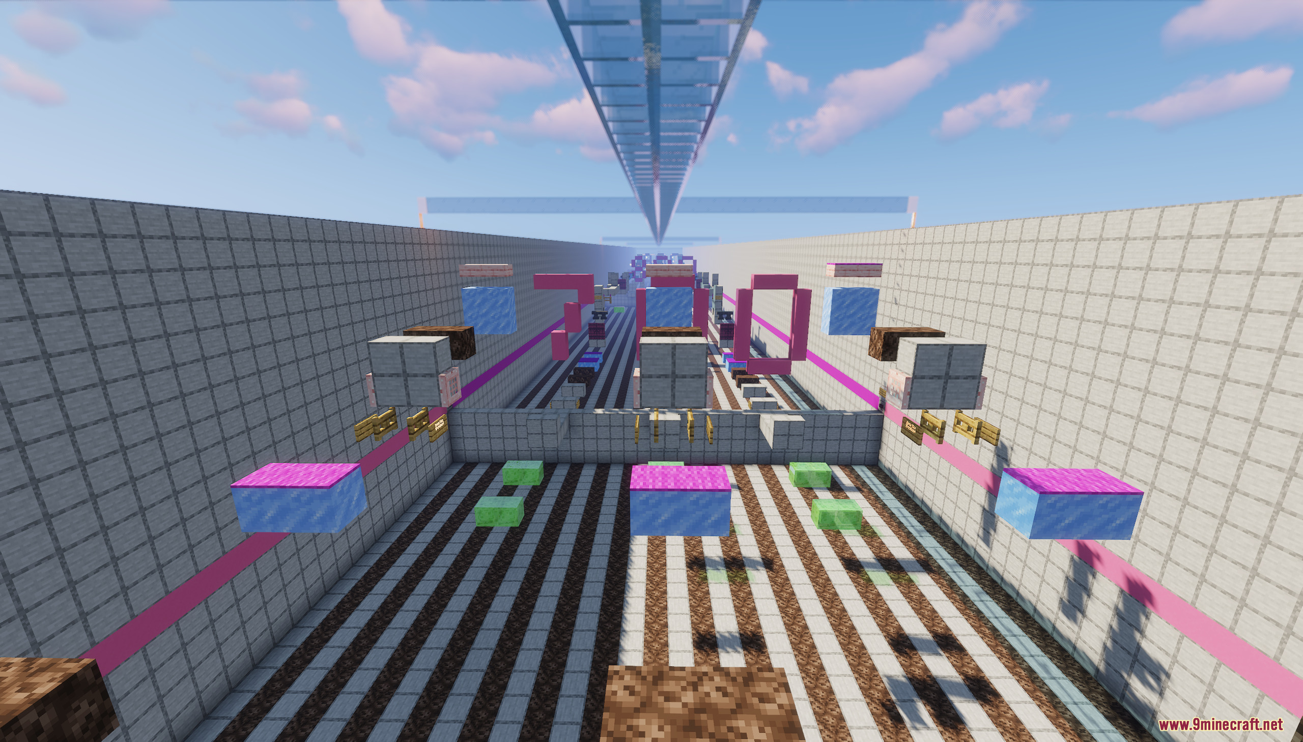 Colorful floating platforms in the 1000 block parkour map with a 700 sign