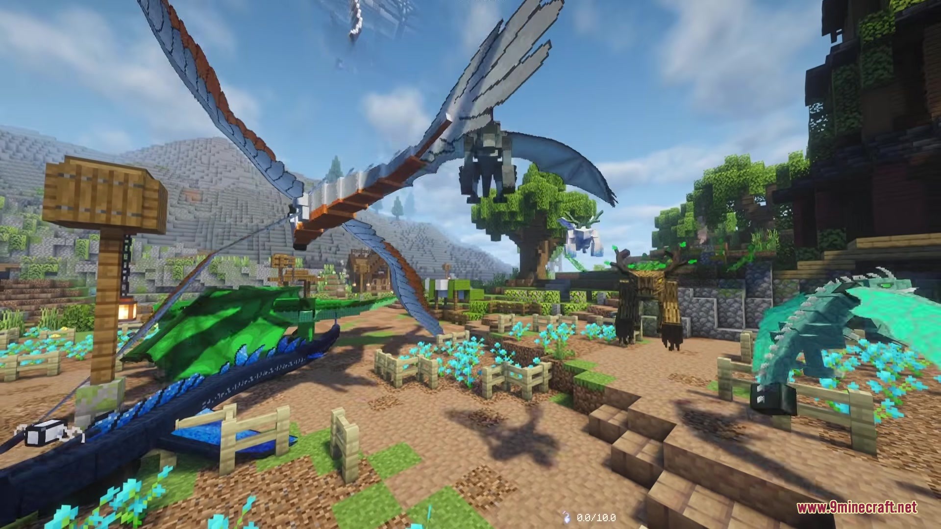 Age Of Dragons Mod (1.21.1) – Slay Massive Dragons In A Dark Fantasy Rpg 12 Various colorful dragons gather in a village with blue flowers and fences
