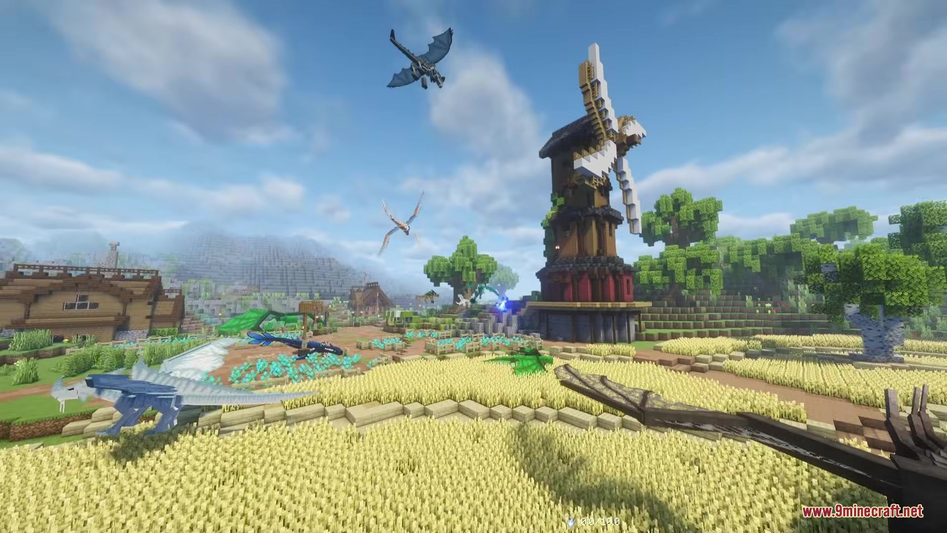 Age Of Dragons Mod (1.21.1) – Slay Massive Dragons In A Dark Fantasy Rpg 13 Several dragons fly around a tall windmill and a golden wheat field