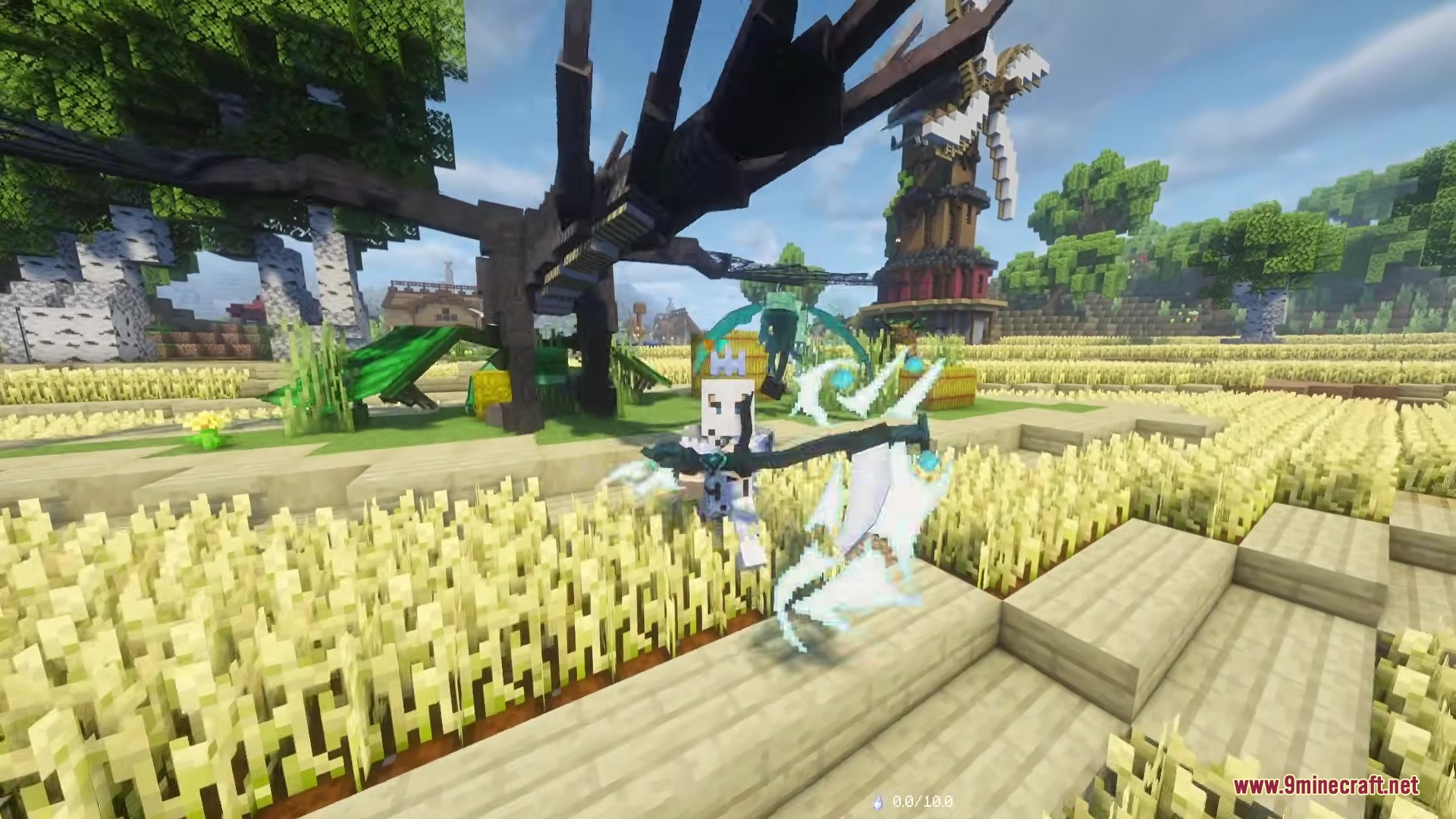 Age Of Dragons Mod (1.21.1) – Slay Massive Dragons In A Dark Fantasy Rpg 6 A minecraft character holding a glowing staff in a field with a large dragon