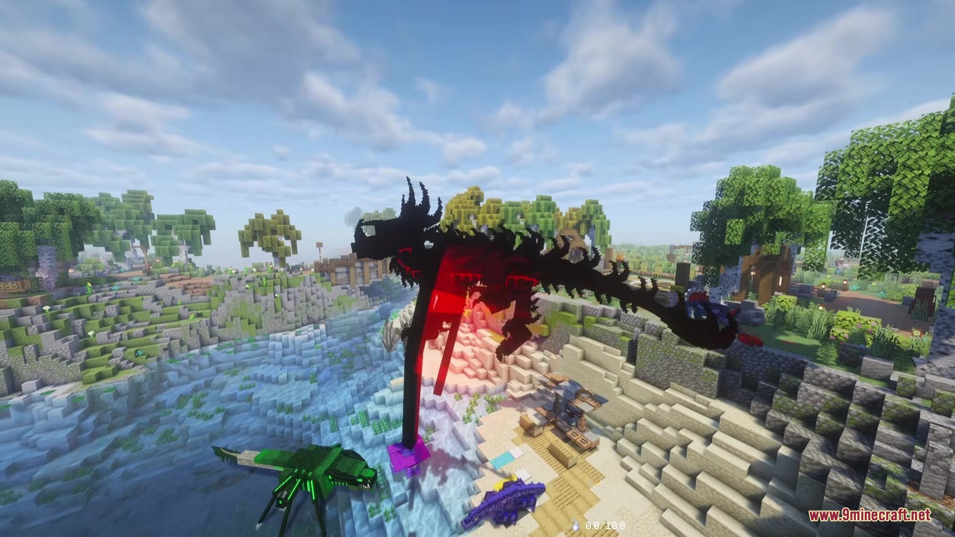 Age Of Dragons Mod (1.21.1) – Slay Massive Dragons In A Dark Fantasy Rpg 8 A giant black dragon with red wings flies above a river and beach