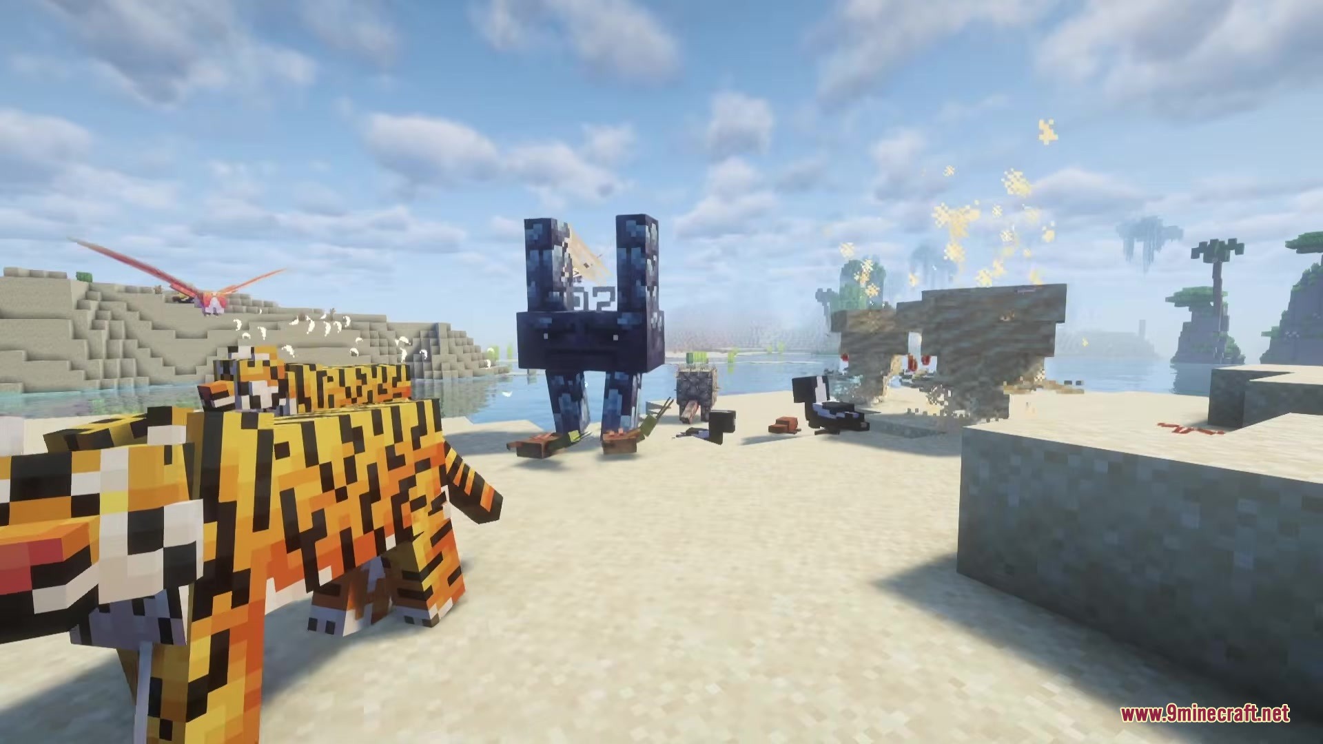 Alex’s Mobs Fabric Mod (26.2, 1.20.1) – Populate Every Biome With Exotic 11 A tiger and a tall blue creature standing on the sand
