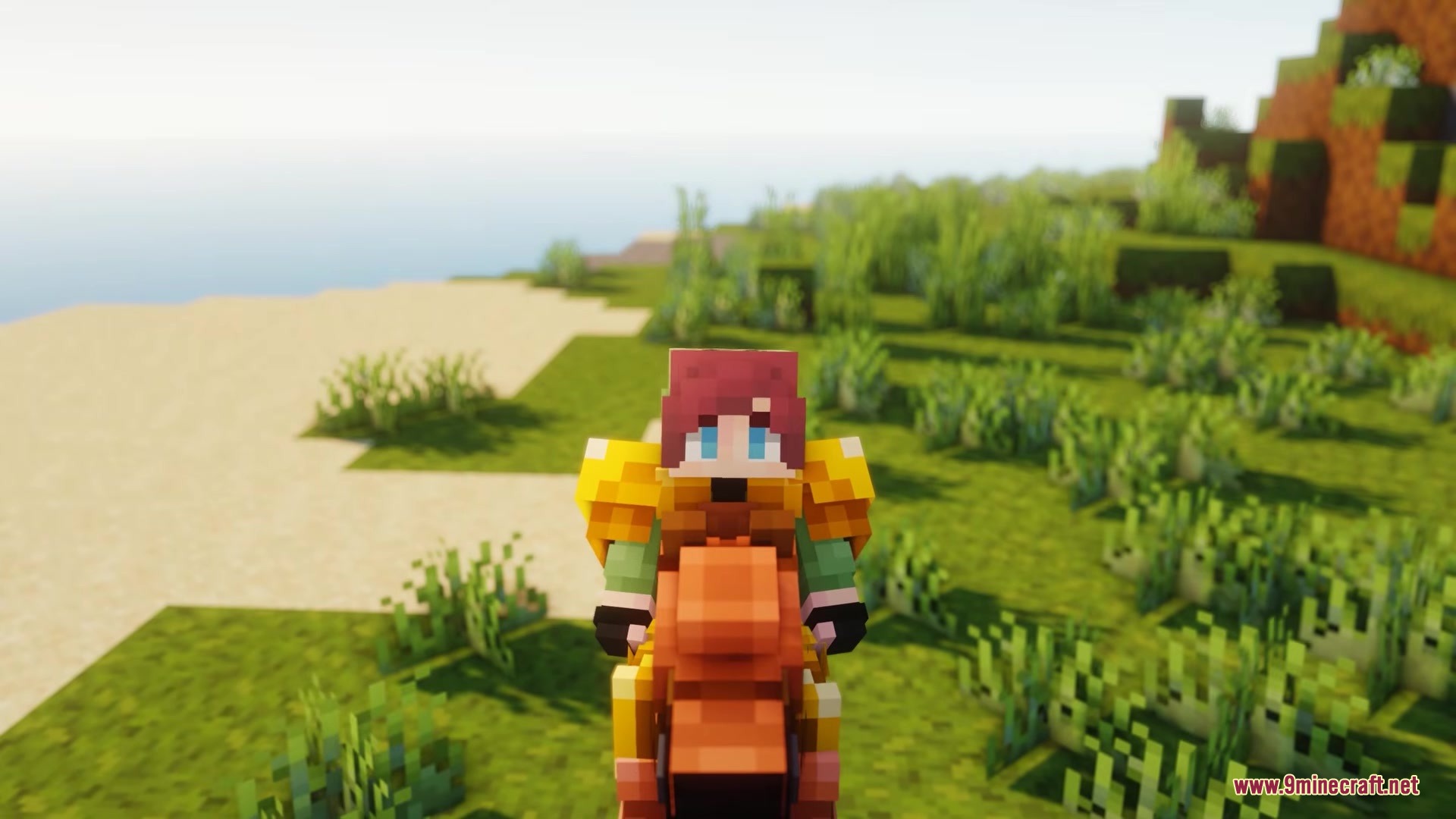 Alex’s Mobs Fabric Mod (26.2, 1.20.1) – Populate Every Biome With Exotic 12 A player character with red hair riding a kangaroo on a grassy beach