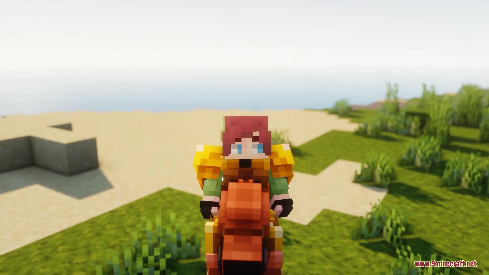 Alex’s Mobs Fabric Mod (26.2, 1.20.1) – Populate Every Biome With Exotic 13 Minecraft character wearing golden armor riding a kangaroo near the ocean shore