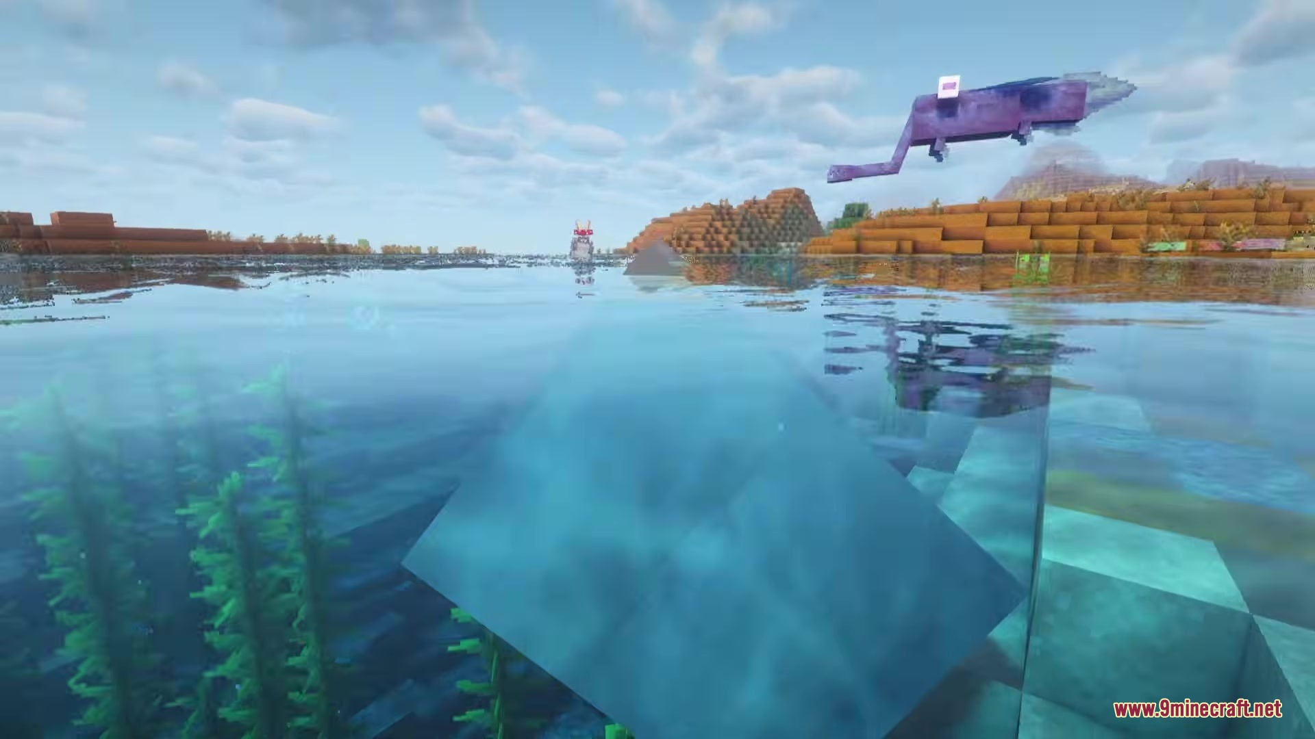 Alex’s Mobs Fabric Mod (26.2, 1.20.1) – Populate Every Biome With Exotic 5 A purple flying creature glides over a river in a minecraft world