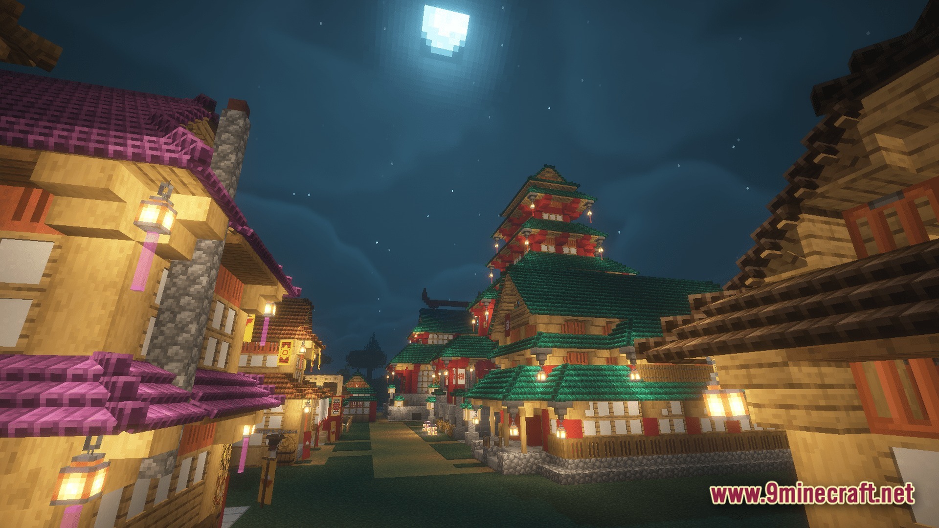 A village of japanese-style buildings with colorful tiered roofs under a night sky with a full moon