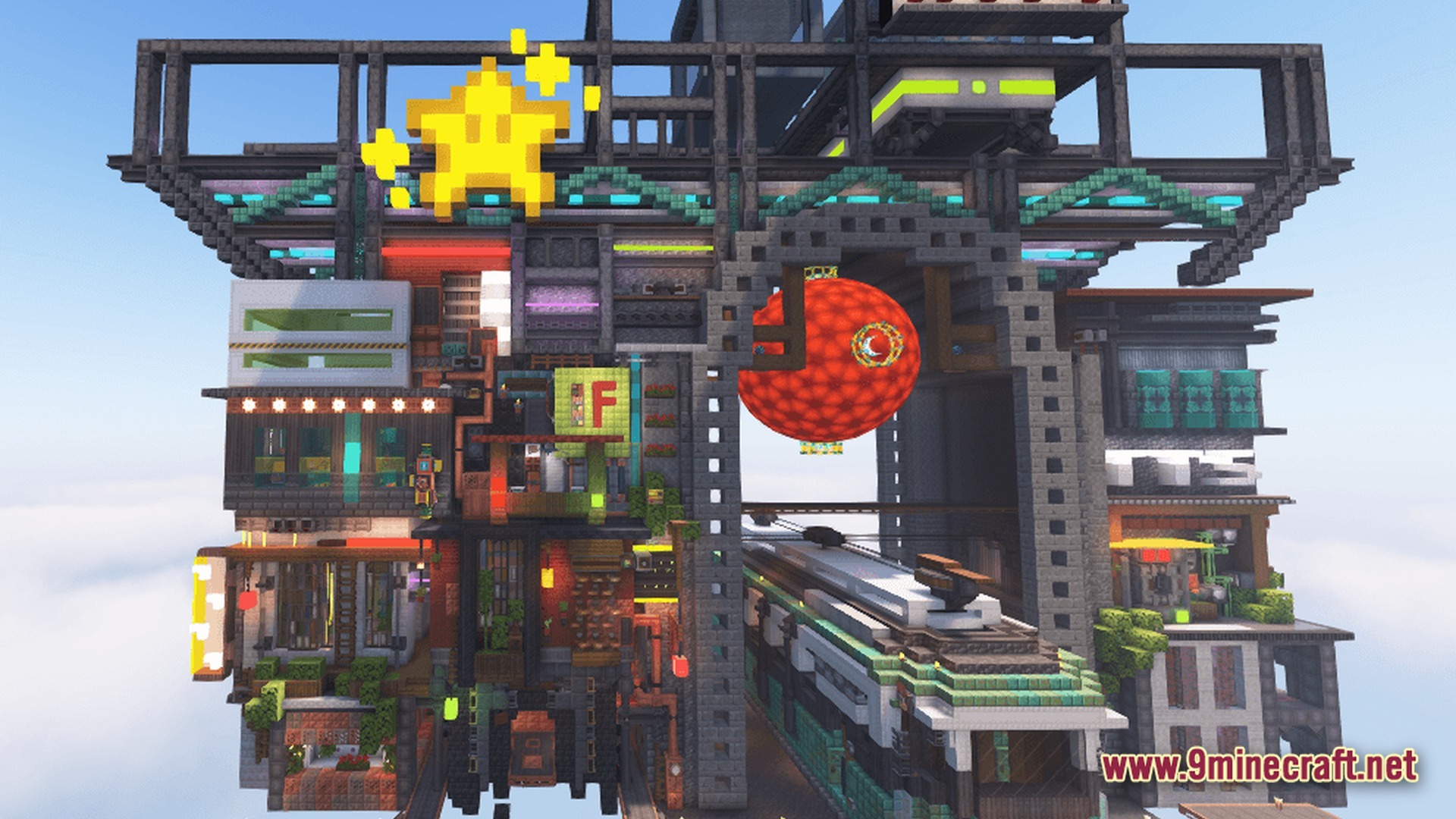 All The Mods 10 To The Sky Atm10 Sky Modpack (26.2, 1.21.1) – Build Your Empire 8 A complex industrial skybase featuring a train station, neon signs, and a large decorative star