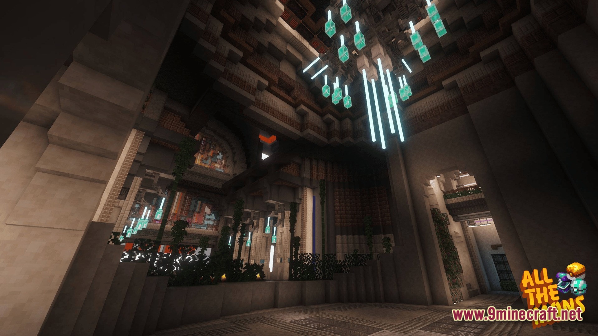All The Mons At Mons Modpack (26.2, 1.21.1) – Catch Monsters And Build Giant 2 A large interior hall featuring tiered stone walls, indoor foliage, and a glowing cyan chandelier