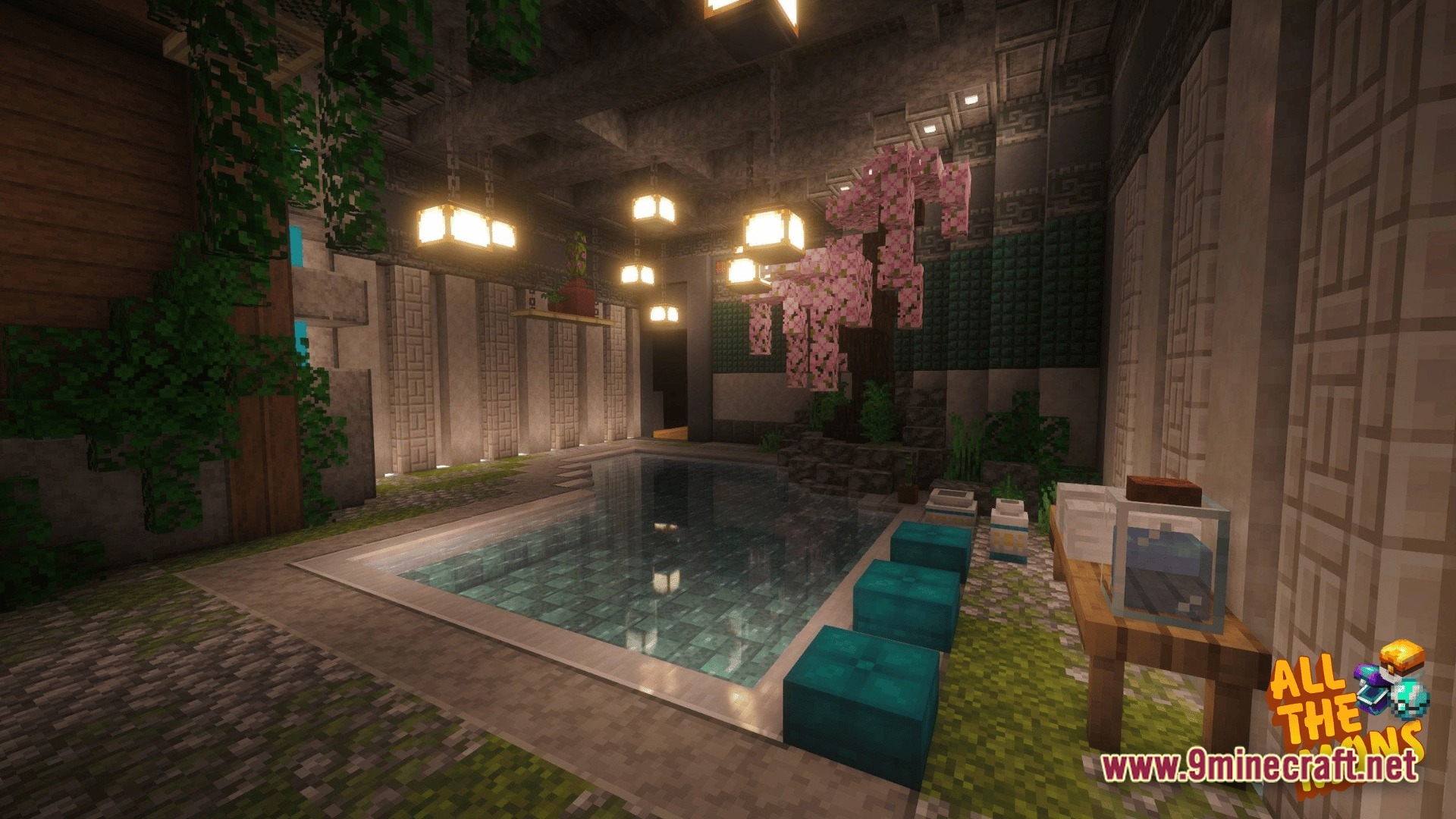 All The Mons At Mons Modpack (26.2, 1.21.1) – Catch Monsters And Build Giant 3 An indoor pool area featuring hanging lanterns, a cherry blossom tree, and decorative stone walls