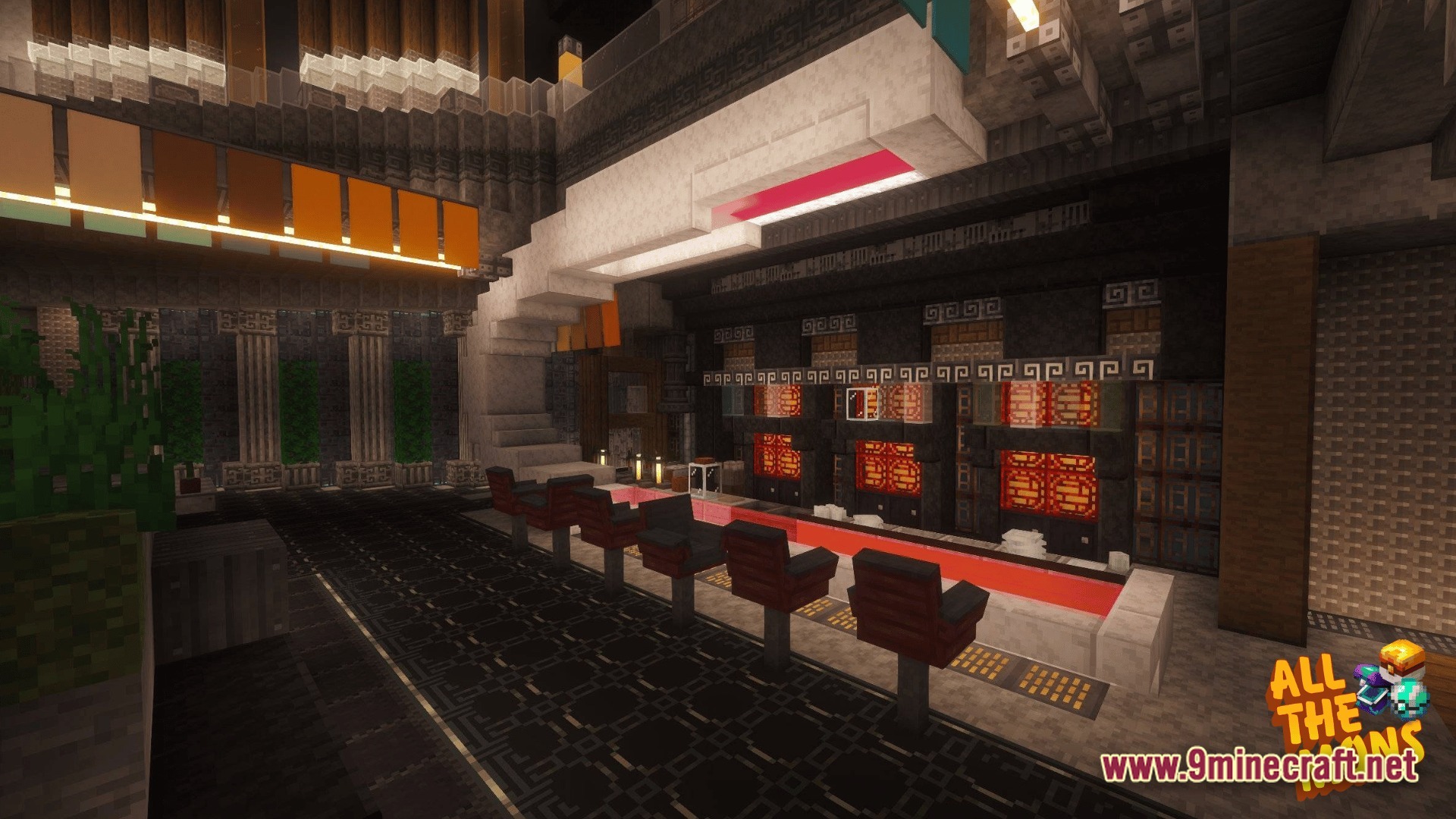 All The Mons At Mons Modpack (26.2, 1.21.1) – Catch Monsters And Build Giant 4 A modern interior build featuring a sleek counter with red seating and decorative lighting